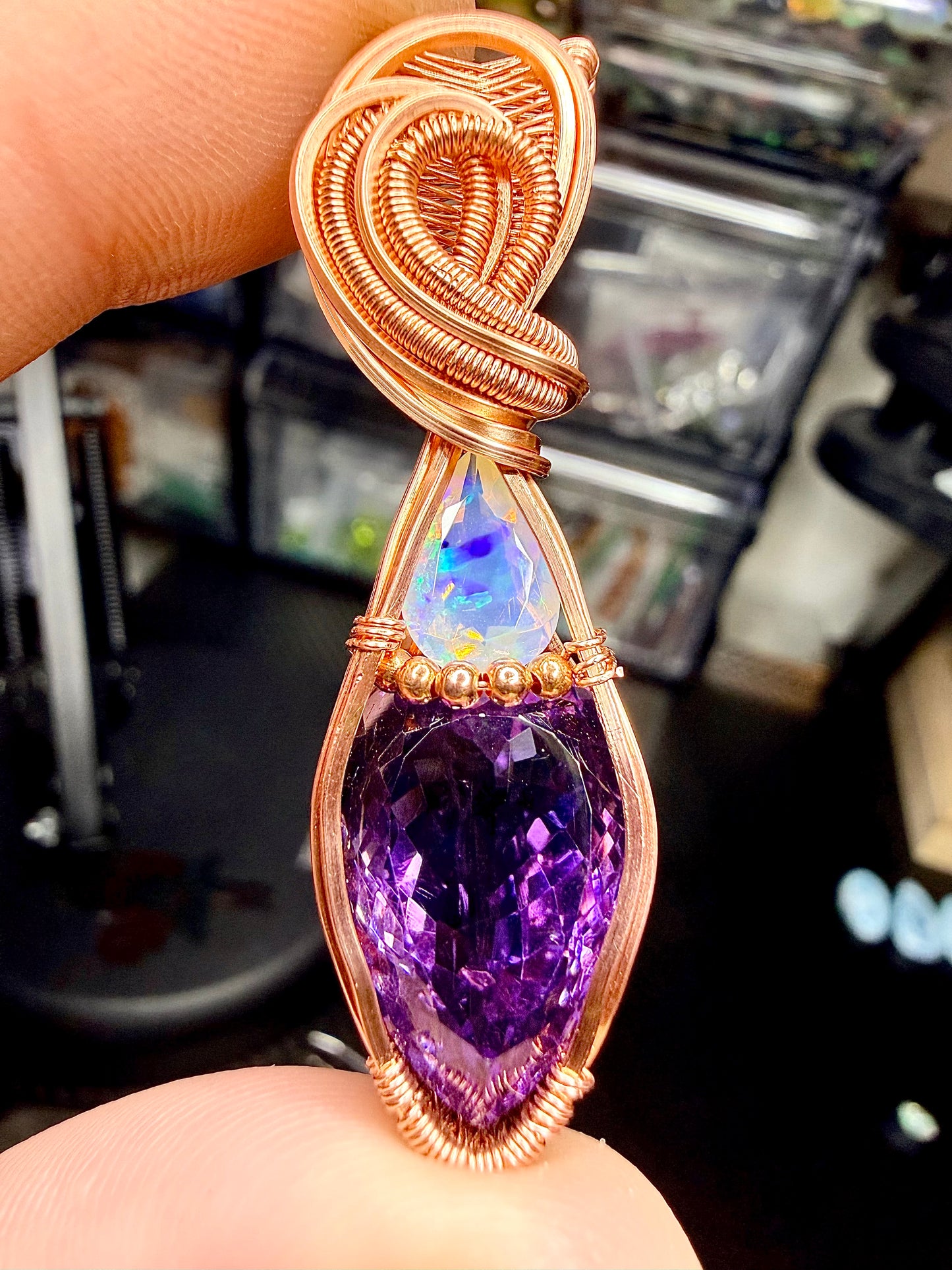 Large Amethyst & Opal Pendant In Copper