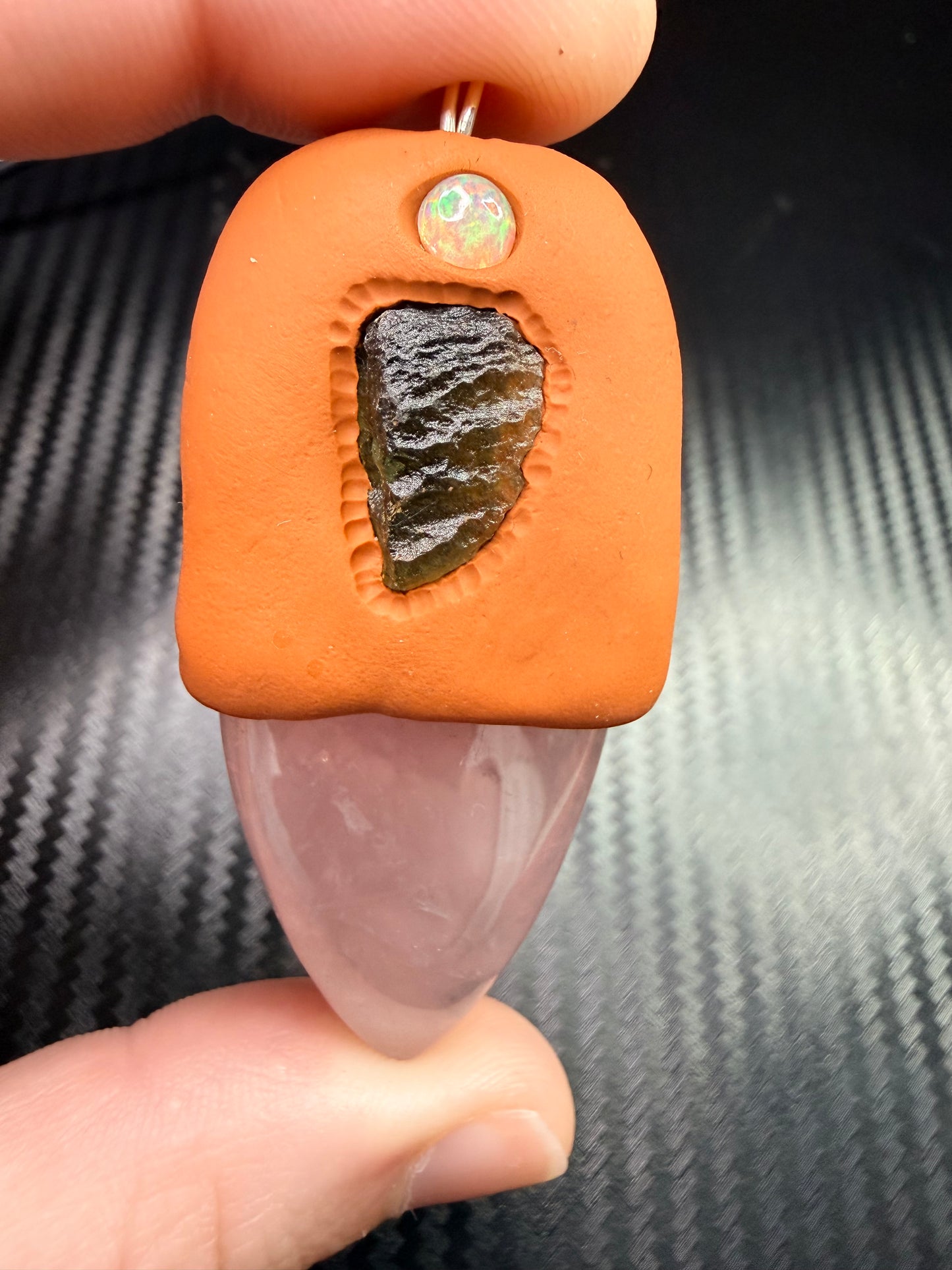 Rose Quartz, Moldavite & Opal Clay Talisman Pendant – Handmade Spiritual Healing Amulet – Love, Transformation & Divine Light