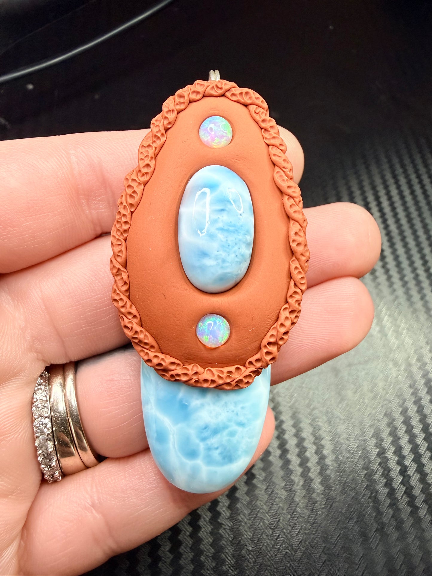 Larimar & Opal Flow Talisman Necklace | Double Larimar Pendant | Spiritual Alignment Jewelry | Handmade Clay Amulet | Ocean Energy Crystal Necklace