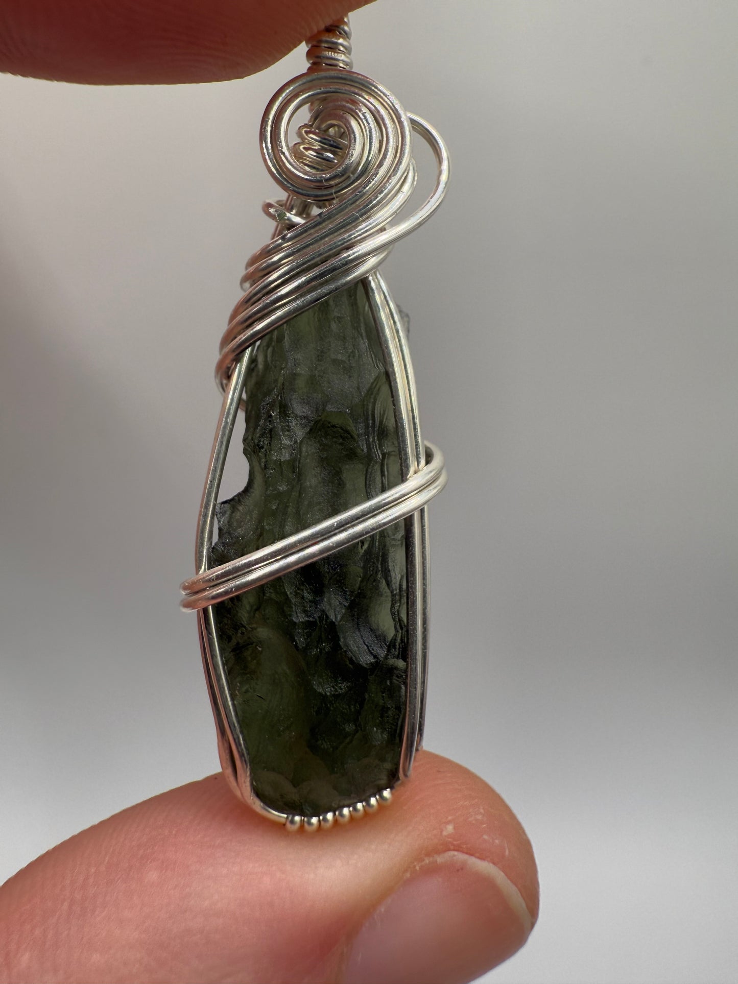 B112) Moldavite Pendant Necklace In Sterling Silver