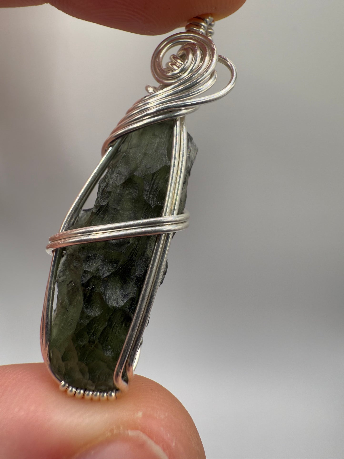 B112) Moldavite Pendant Necklace In Sterling Silver
