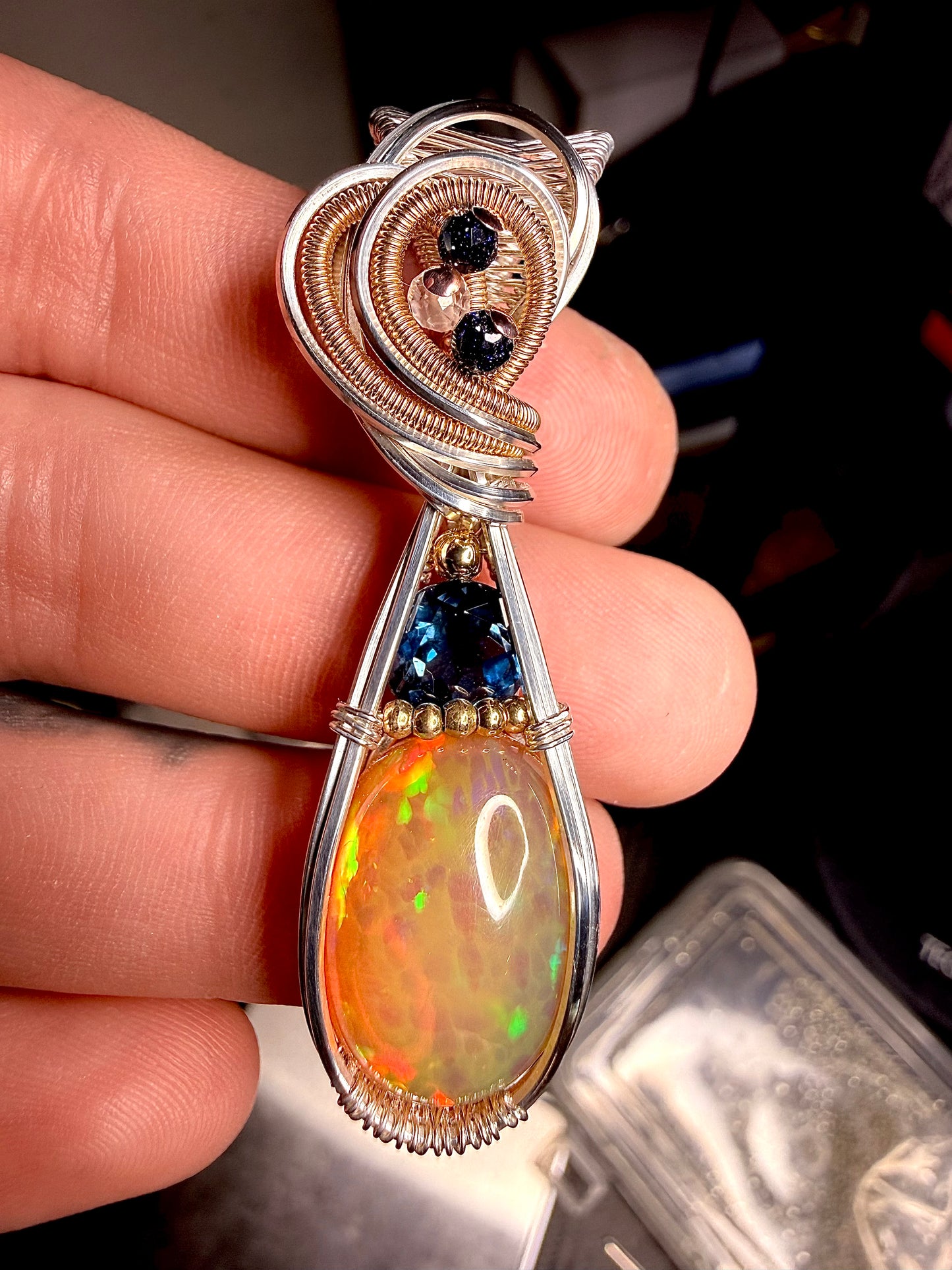Opal & London Blue Topaz With Blue Goldstone & Clear Quartz Accents In Three Metals Silver, 14k GF, & Copper accents.