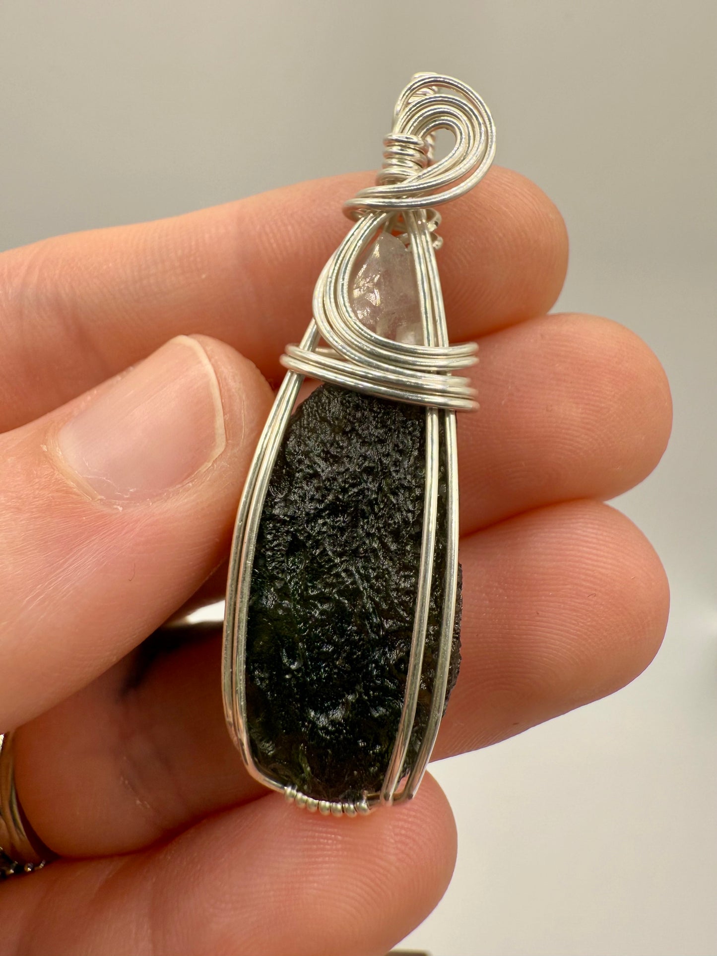 C11) Chlum Moldavite & Herkimer Diamond Pendant Necklace In Sterling Silver