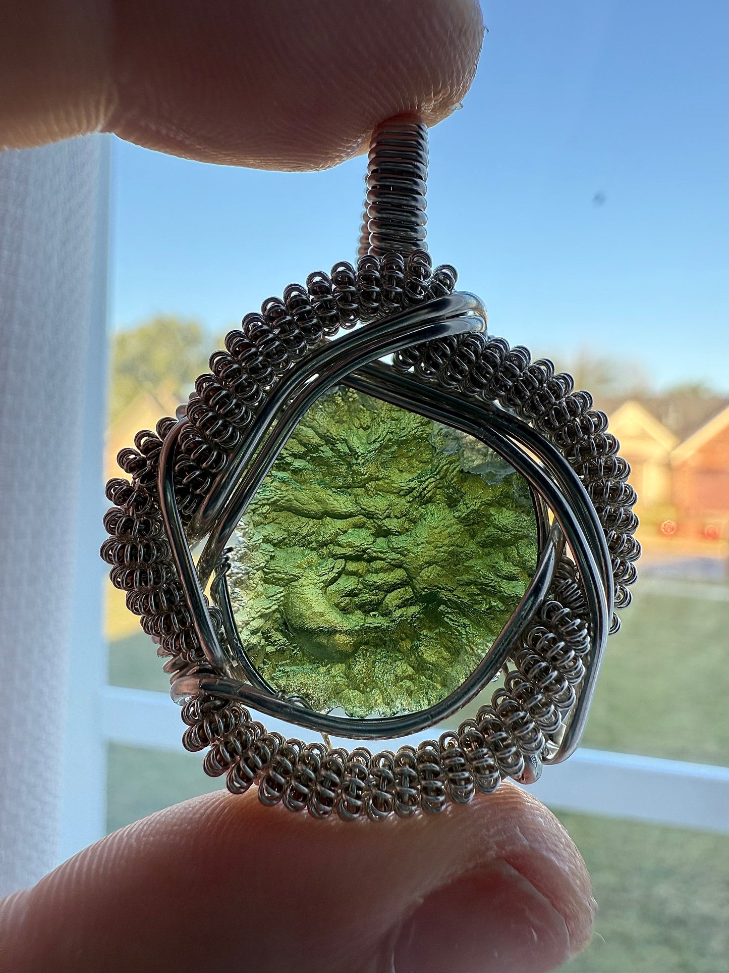 C112) Moldavite Pendant Necklace In Sterling Silver