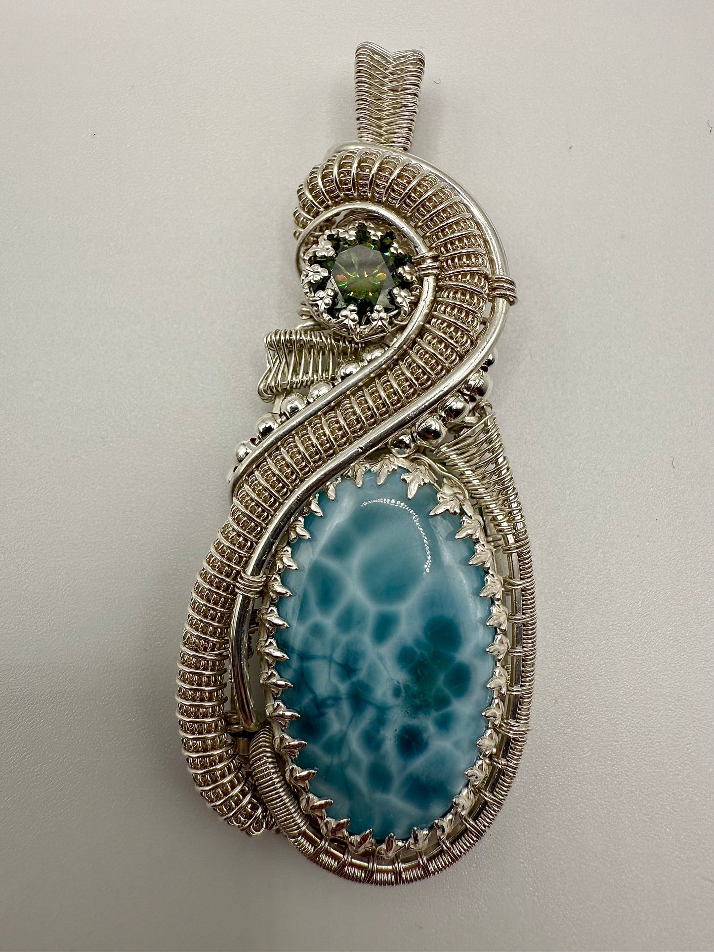 F112) Large Larimar & Green Mossanite Pendant Necklace In Sterling Silver