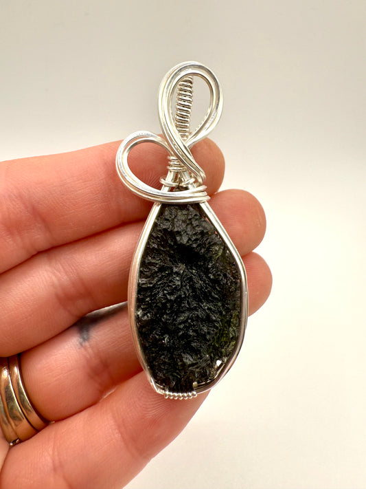 P112) Moldavite Pendant Necklace In Sterling Silver