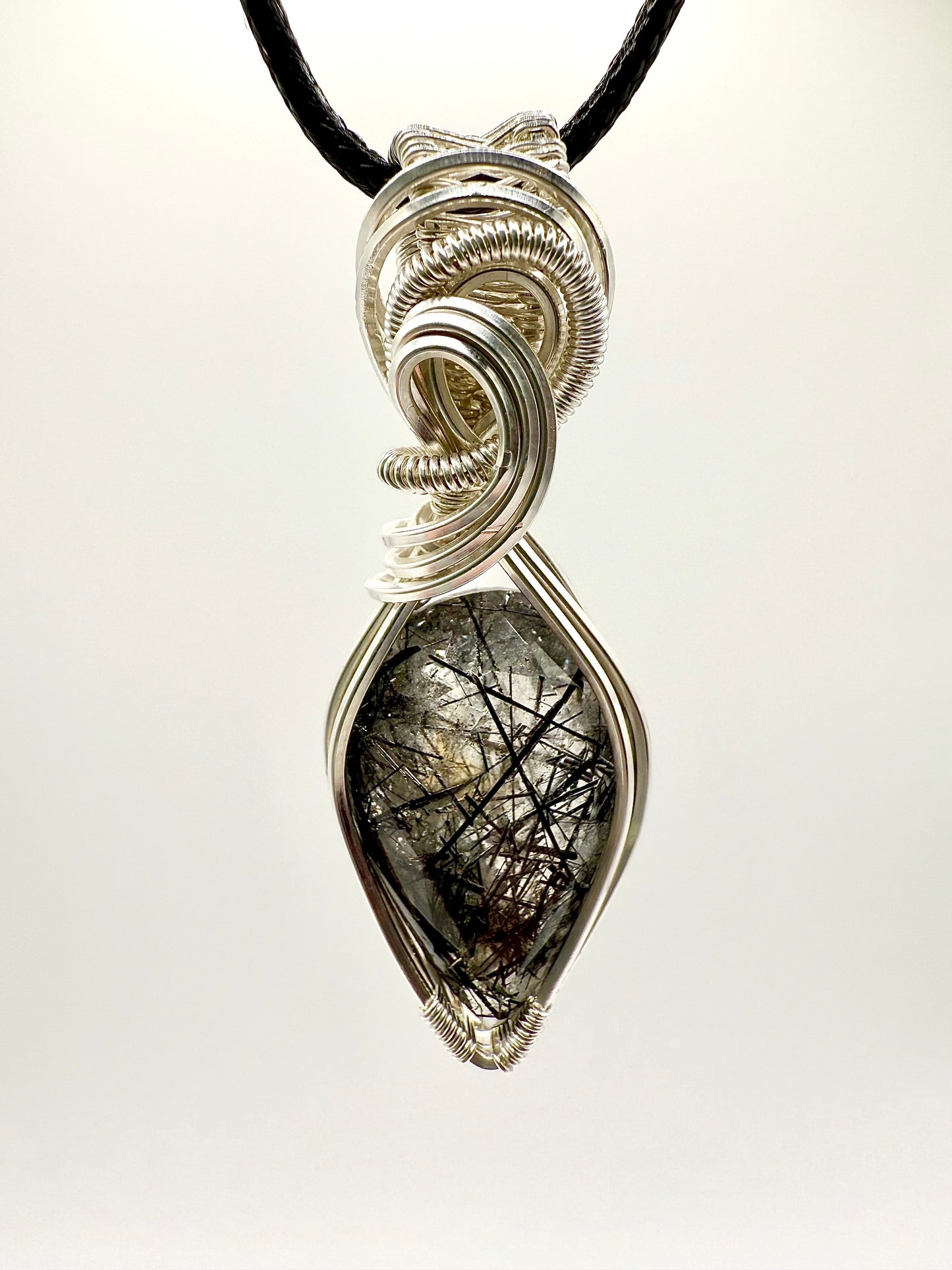 B112) Black Rutilated Quartz In Sterling Silver