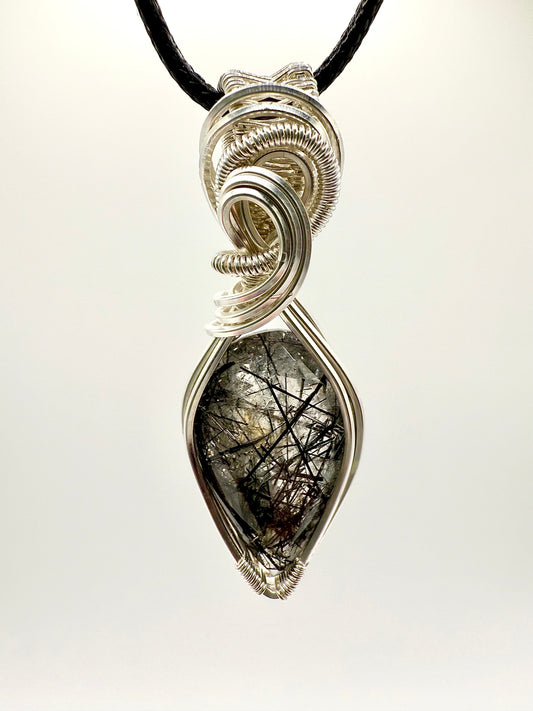 B112) Black Rutilated Quartz In Sterling Silver