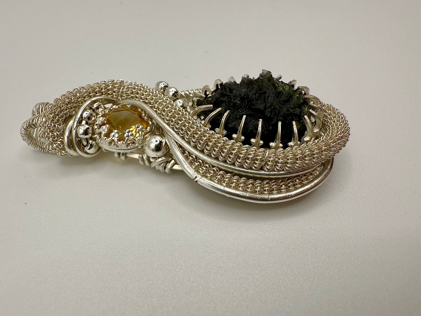 C112) Moldavite & Citrine Pendant Necklace In Sterling Silver