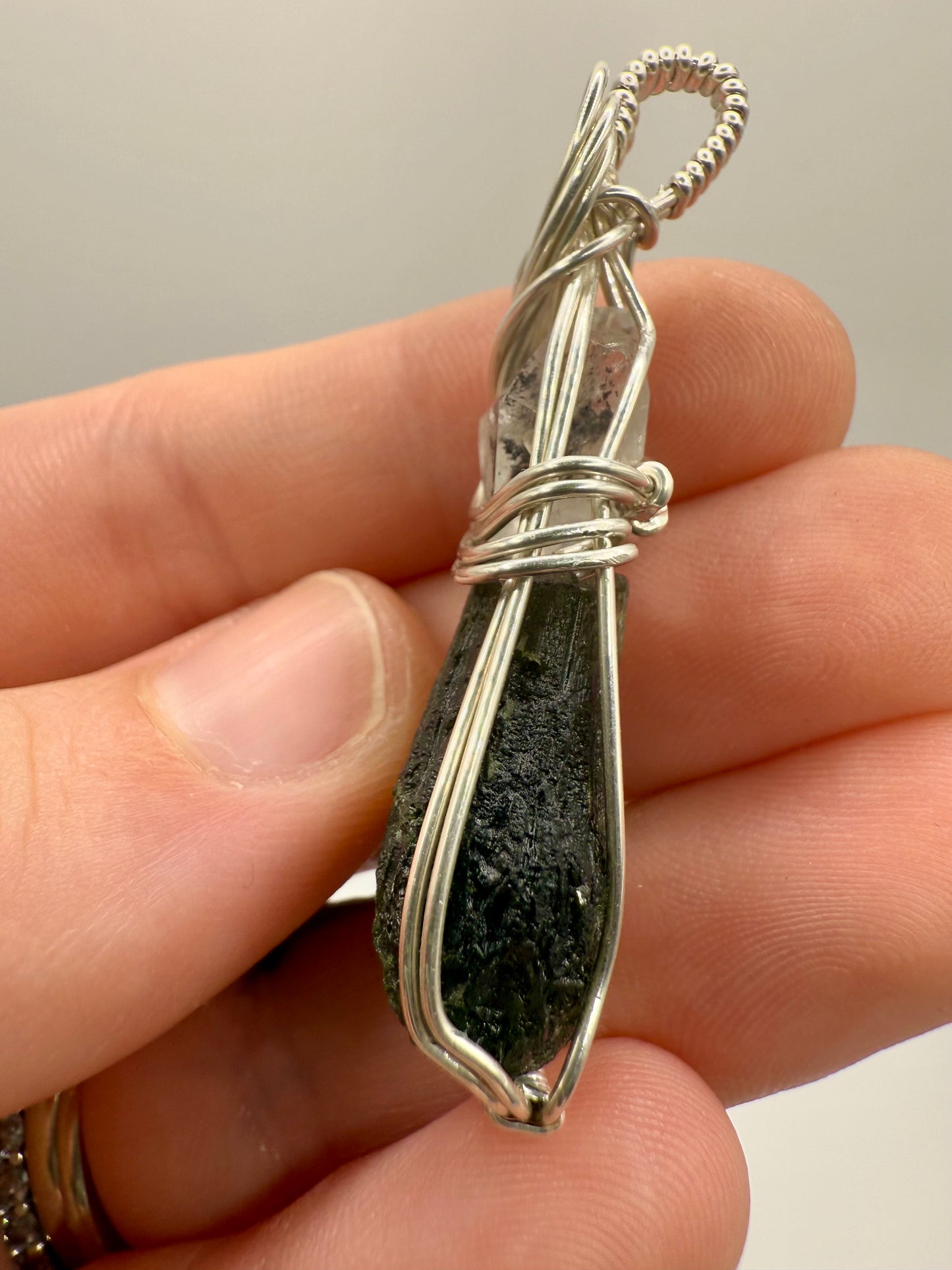 C11) Krasejovka Moldavite & Herkimer Diamond Pendant Necklace In Sterling Silver