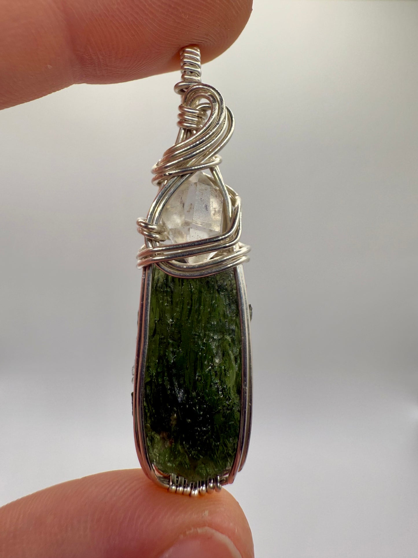 C11) Krasejovka Moldavite & Herkimer Diamond Pendant Necklace In Sterling Silver