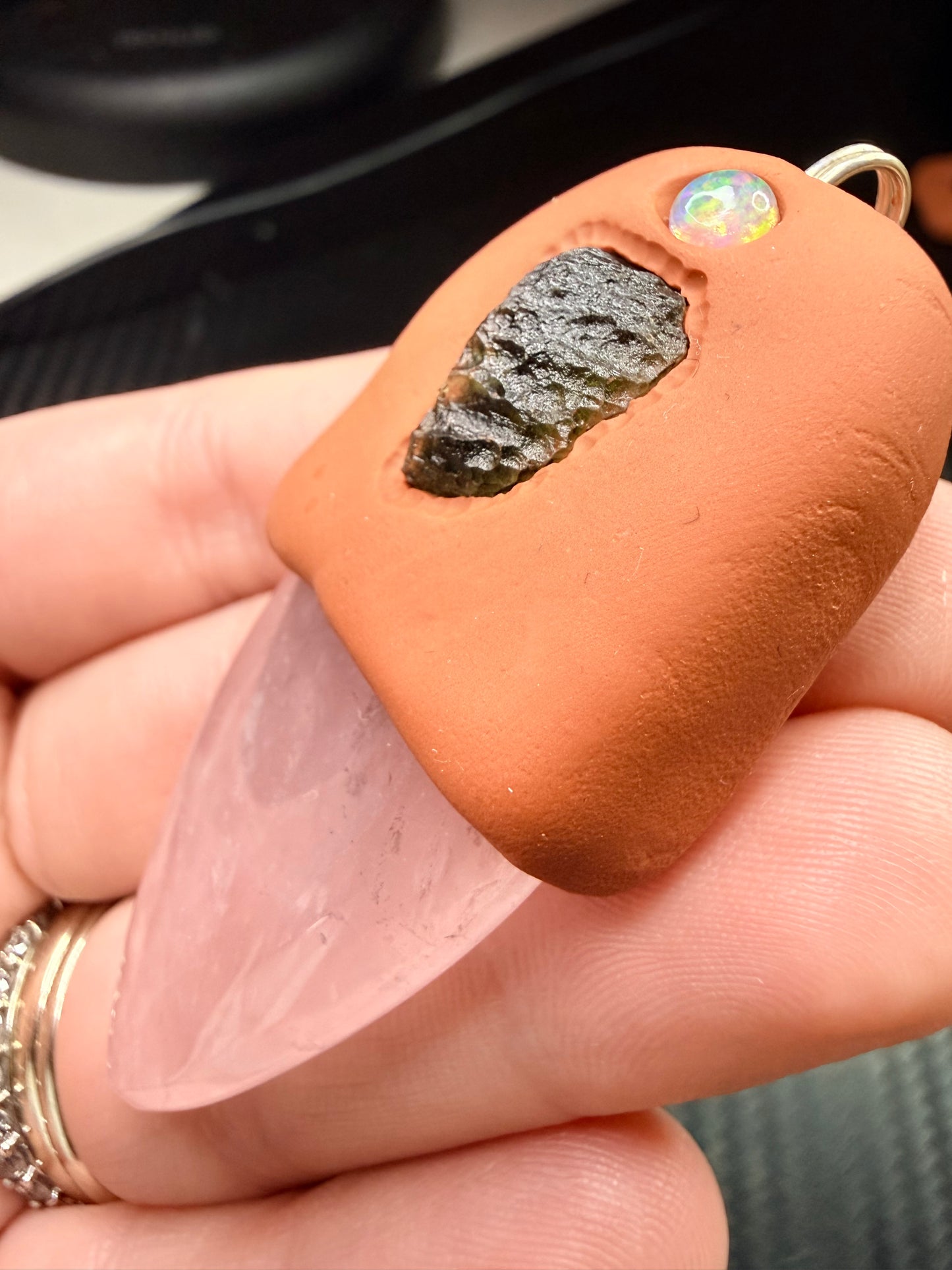 Rose Quartz, Moldavite & Opal Clay Talisman Pendant – Handmade Spiritual Healing Amulet – Love, Transformation & Divine Light