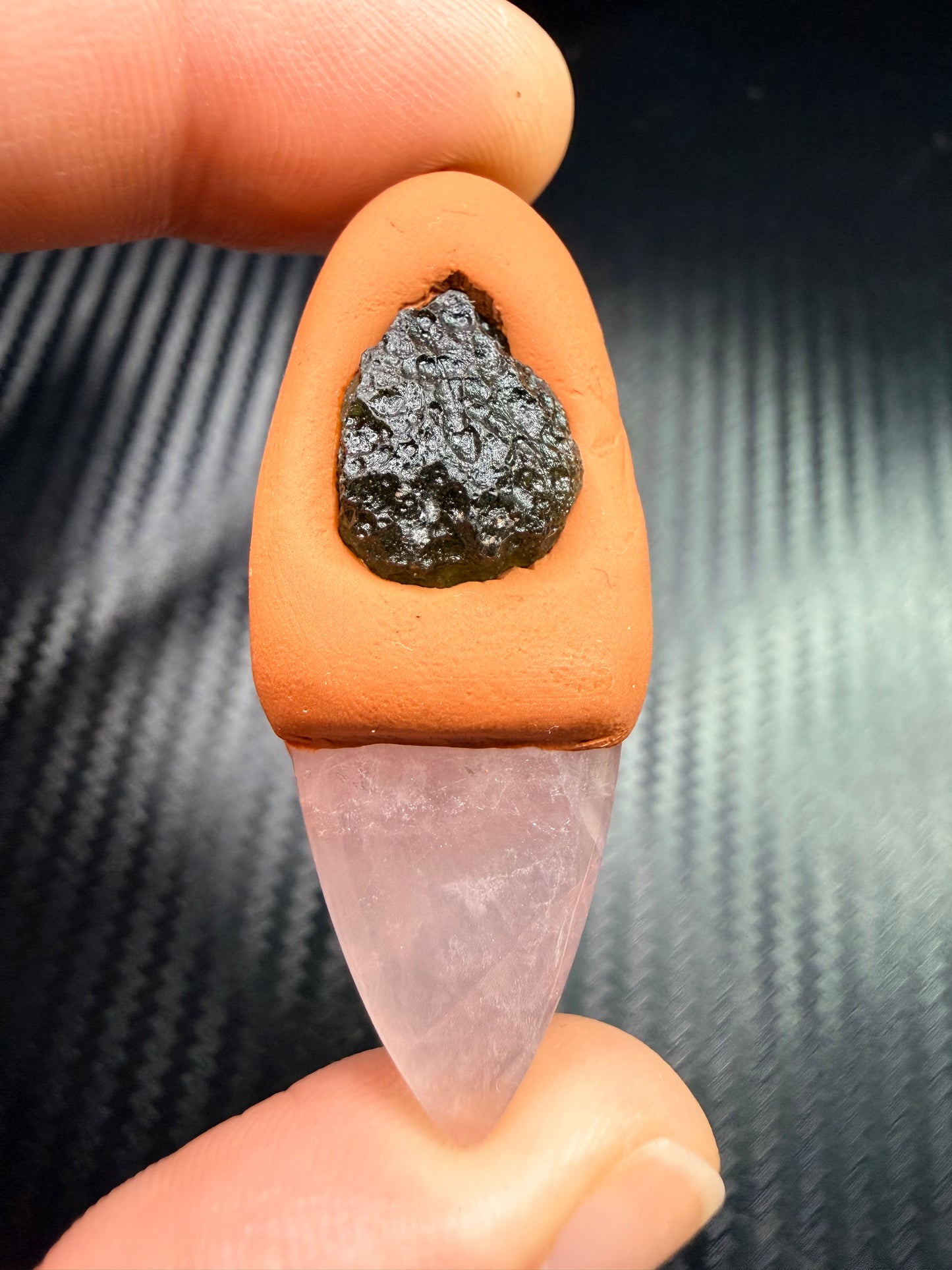 Rose Quartz & Moldavite Clay Talisman Pendant – Handmade Healing Amulet – Love & Transformation Energy