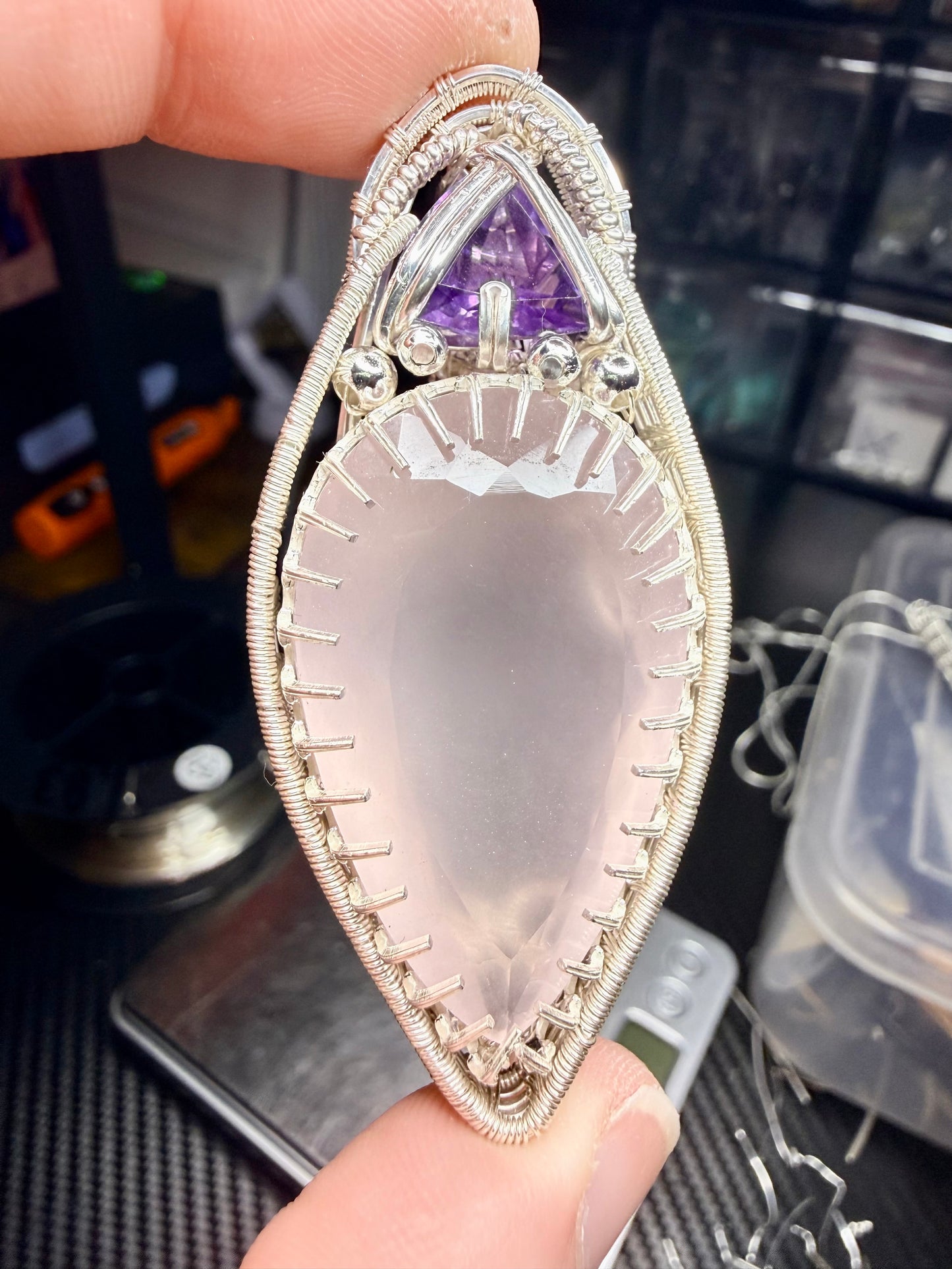 11VDS) Rose Quartz & Amethyst Pendant in Sterling Silver Large