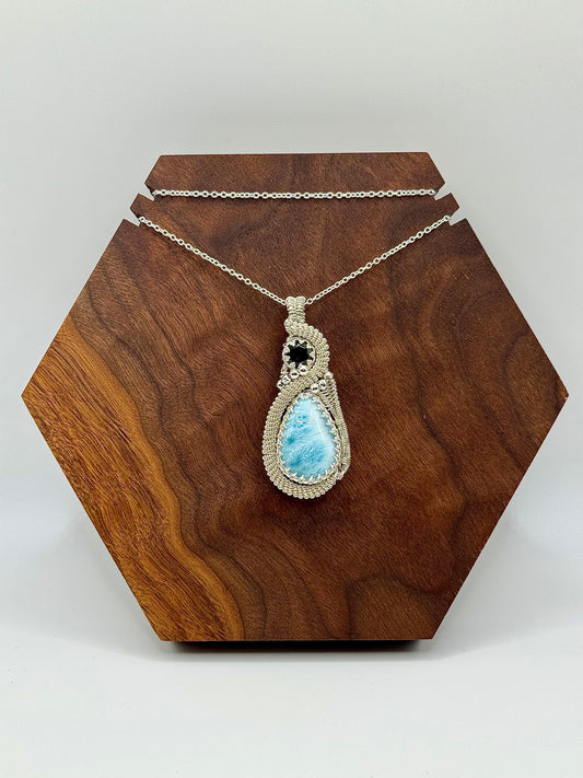 G112) Moldavite & Larimar Pendant Necklace In Sterling Silver