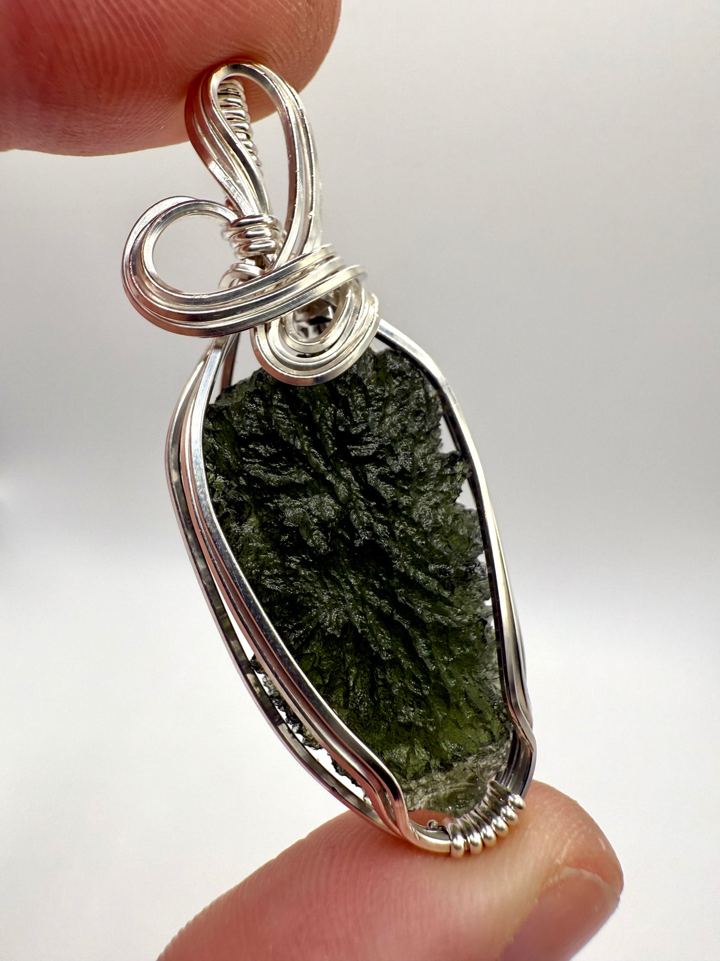 P112) Moldavite Pendant Necklace In Sterling Silver