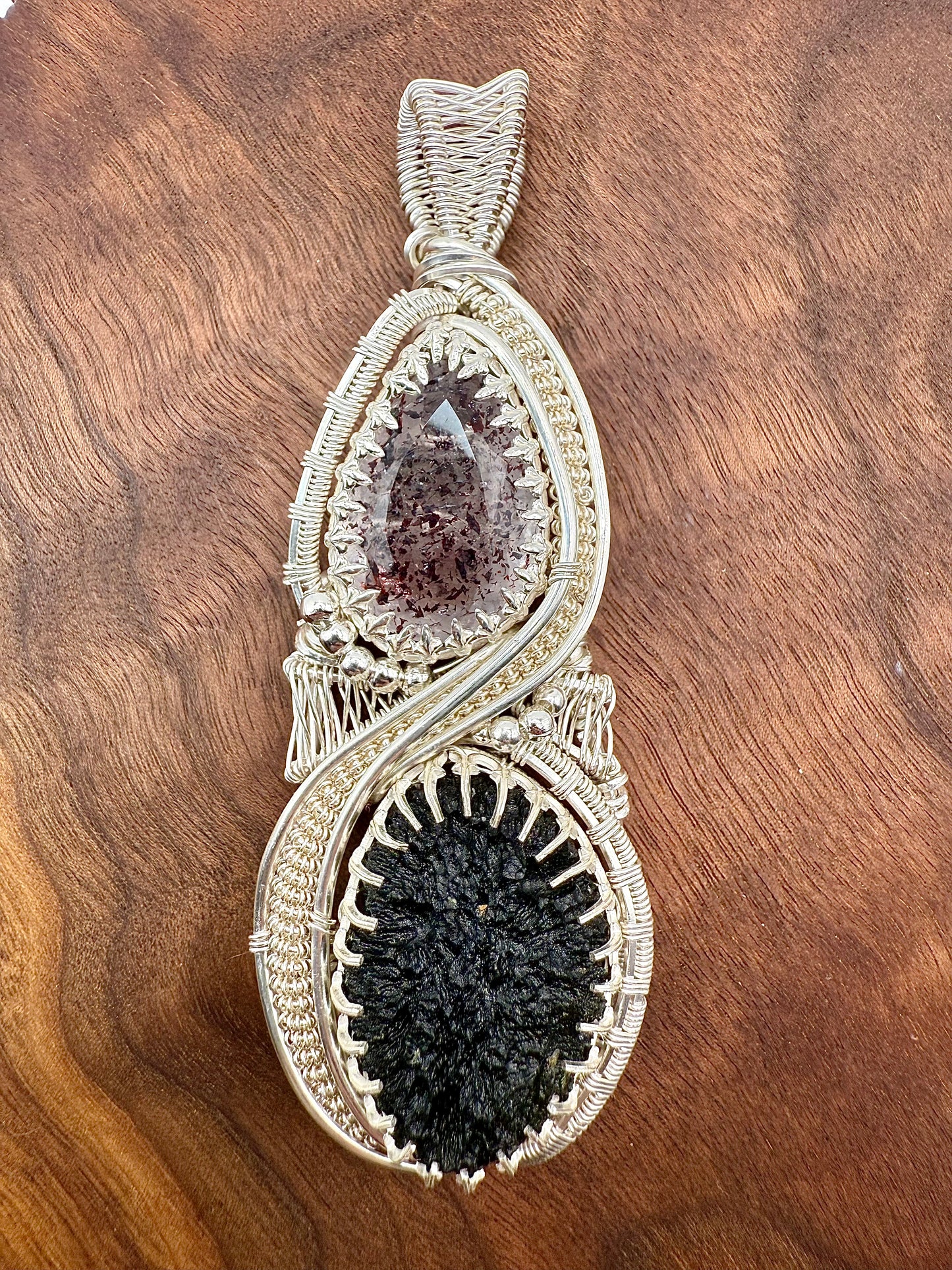 GG33) Large Moldavite & Super 7 Pendant NecklaceIn Sterling Silver