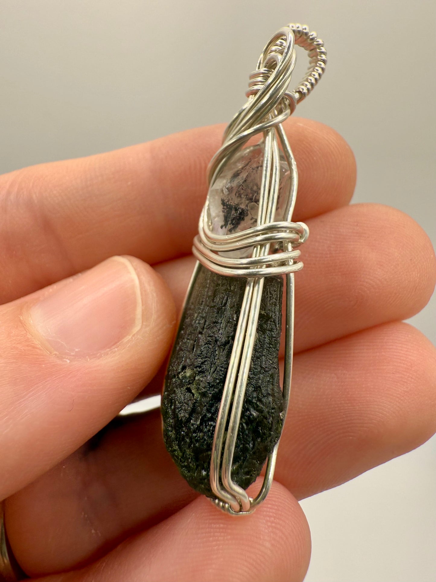 C11) Krasejovka Moldavite & Herkimer Diamond Pendant Necklace In Sterling Silver