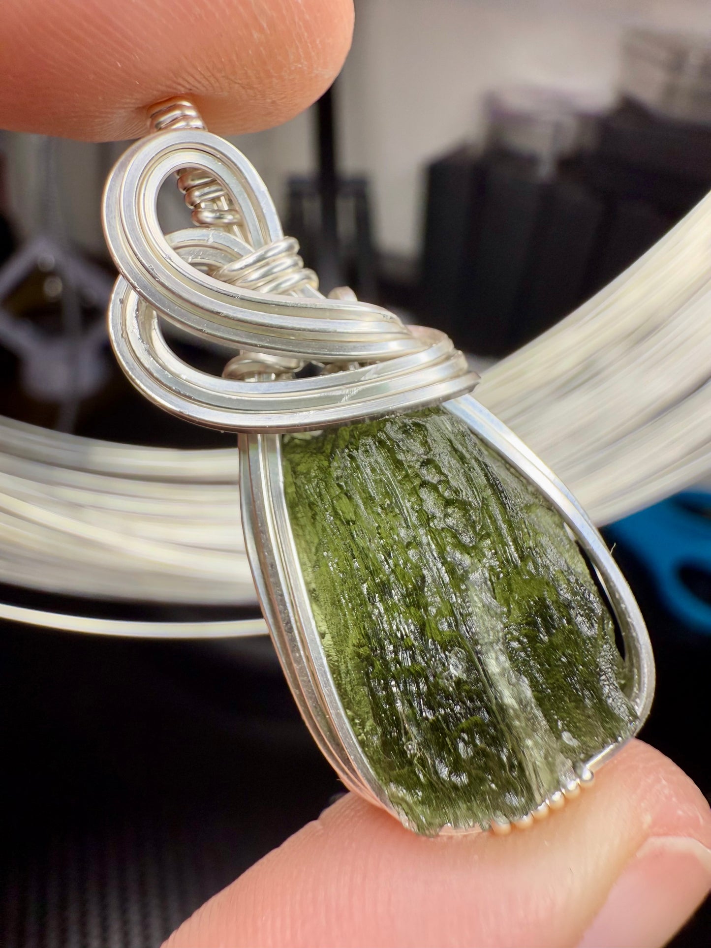 B112) Moldavite Pendant Necklace in Sterling Silver