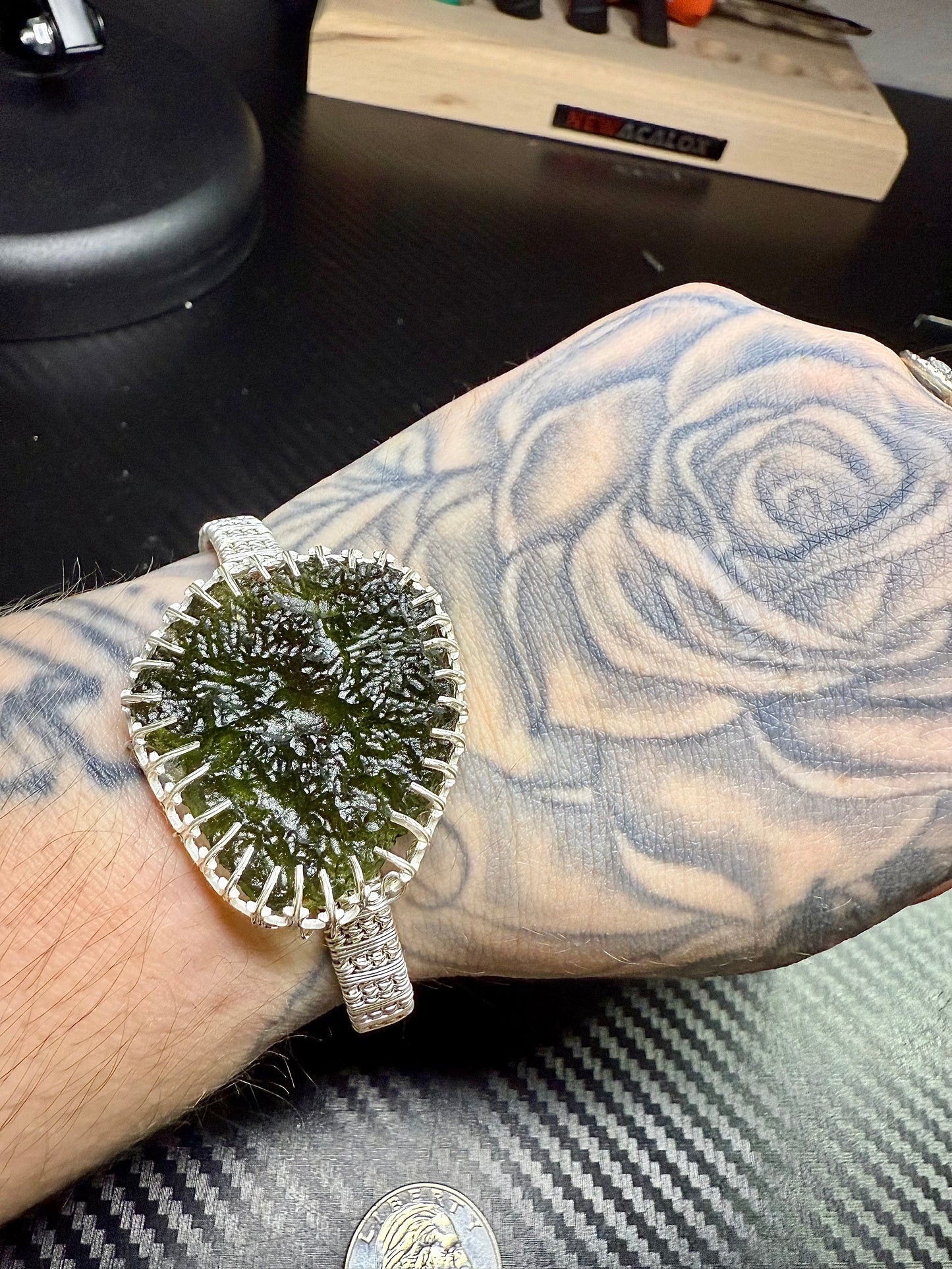 F112) Large Moldavite Bracelet In Sterling Silver
