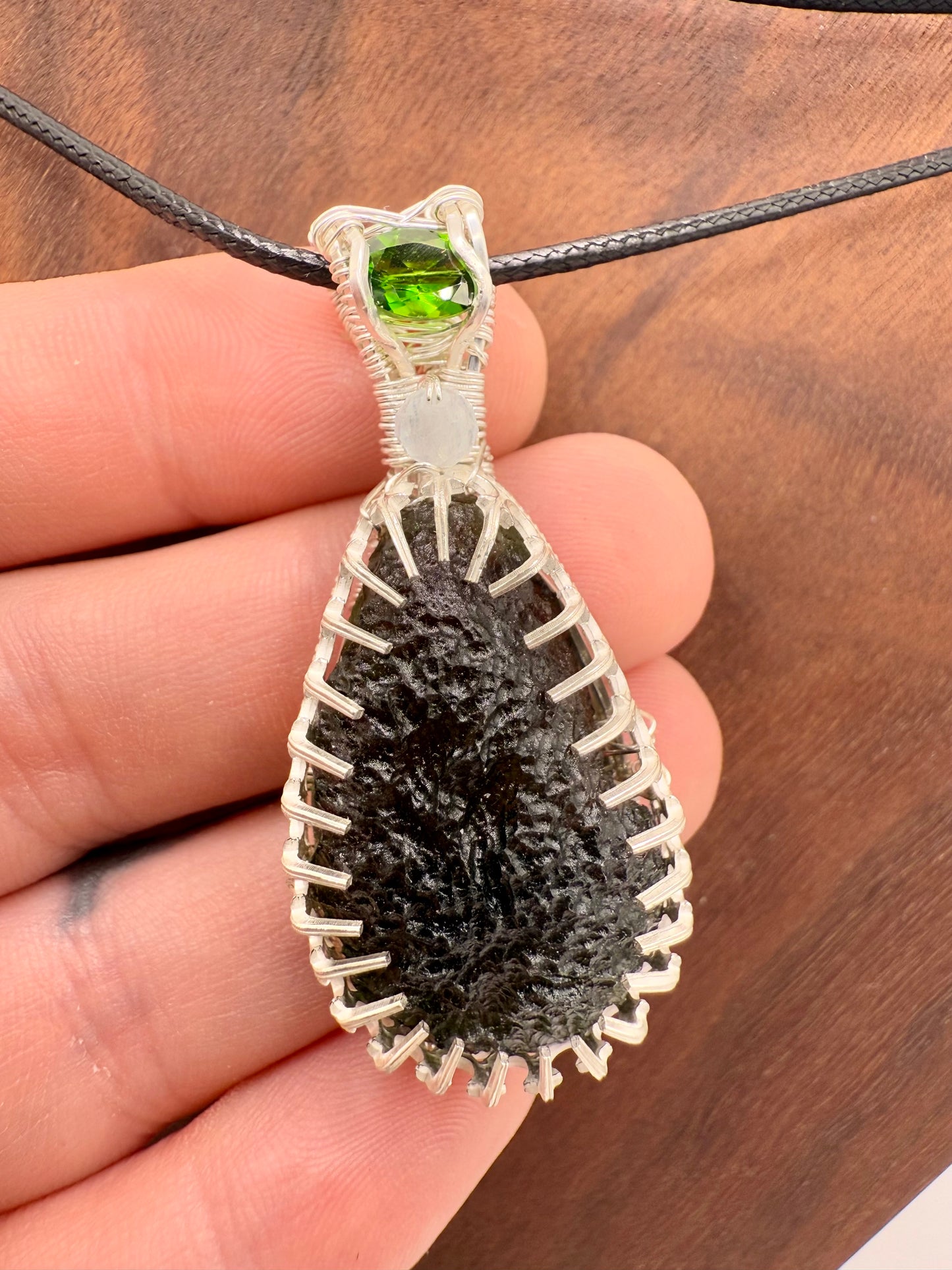 C112) Moldavite, Chrome Diopside, Aquamarine Bead, Pendant Necklace In Sterling Silver