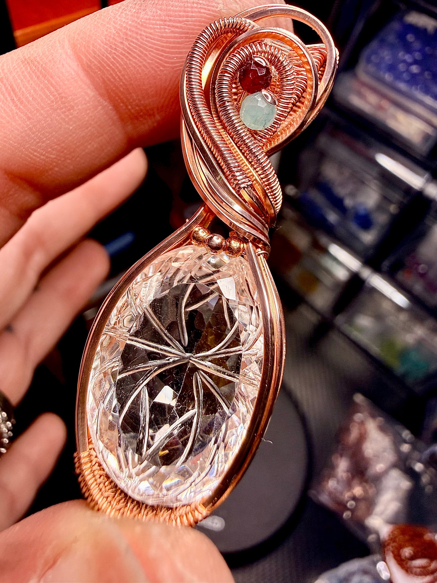 Carved Himalayan Quartz with Red Garnet & Amazonite accents in polished Copper. Himalayan Quartz weight 28.35 carats.