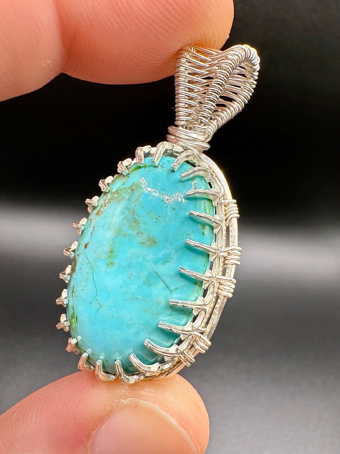 C112) Alacran Turquoise Pendant Necklace, From Mexico Mine In Sterling Silver