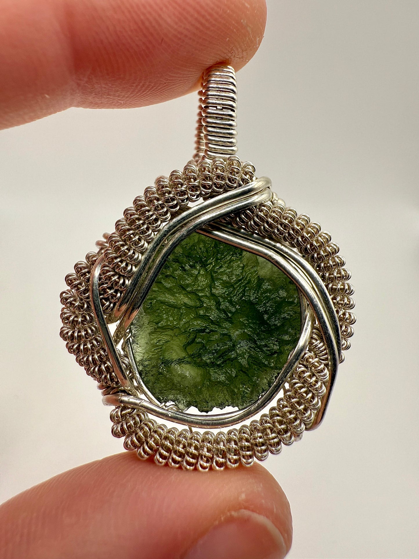 C112) Moldavite Pendant Necklace In Sterling Silver