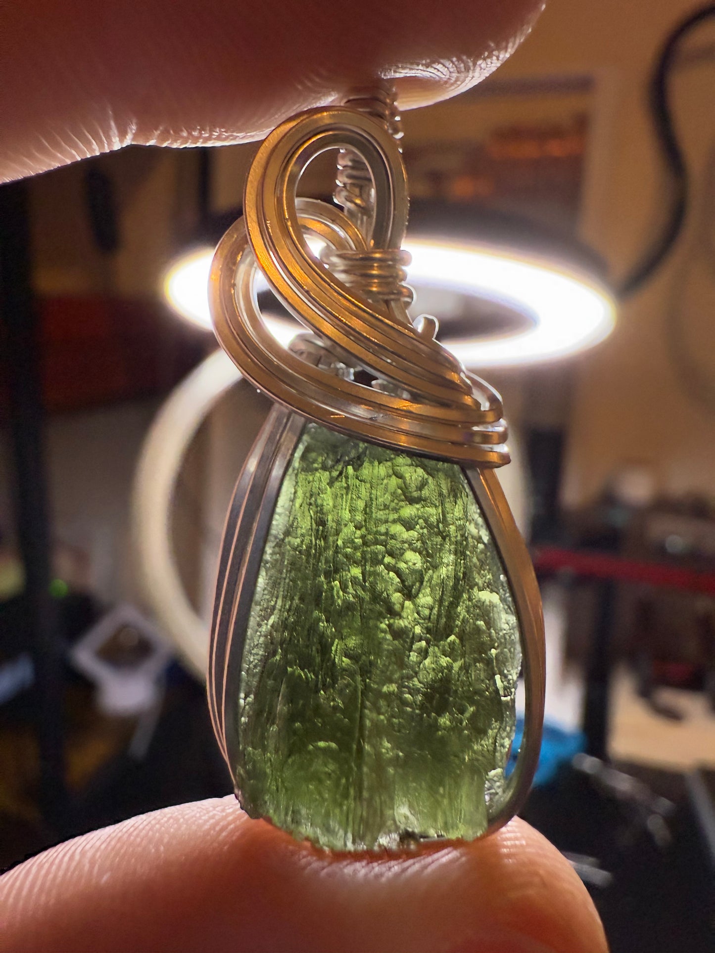 B112) Moldavite Pendant Necklace in Sterling Silver