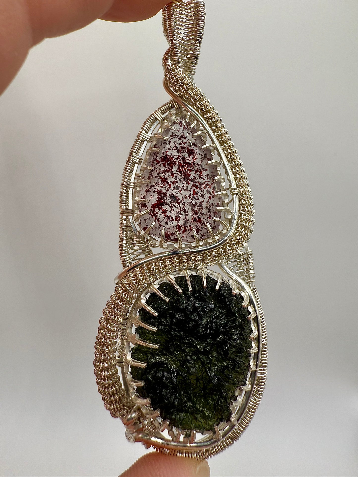 GG33) Large Moldavite & Super 7 Pendant Necklace In Sterling Silver