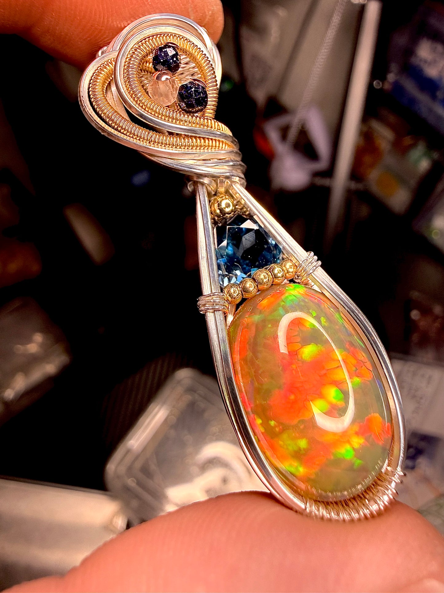 Opal & London Blue Topaz With Blue Goldstone & Clear Quartz Accents In Three Metals Silver, 14k GF, & Copper accents.