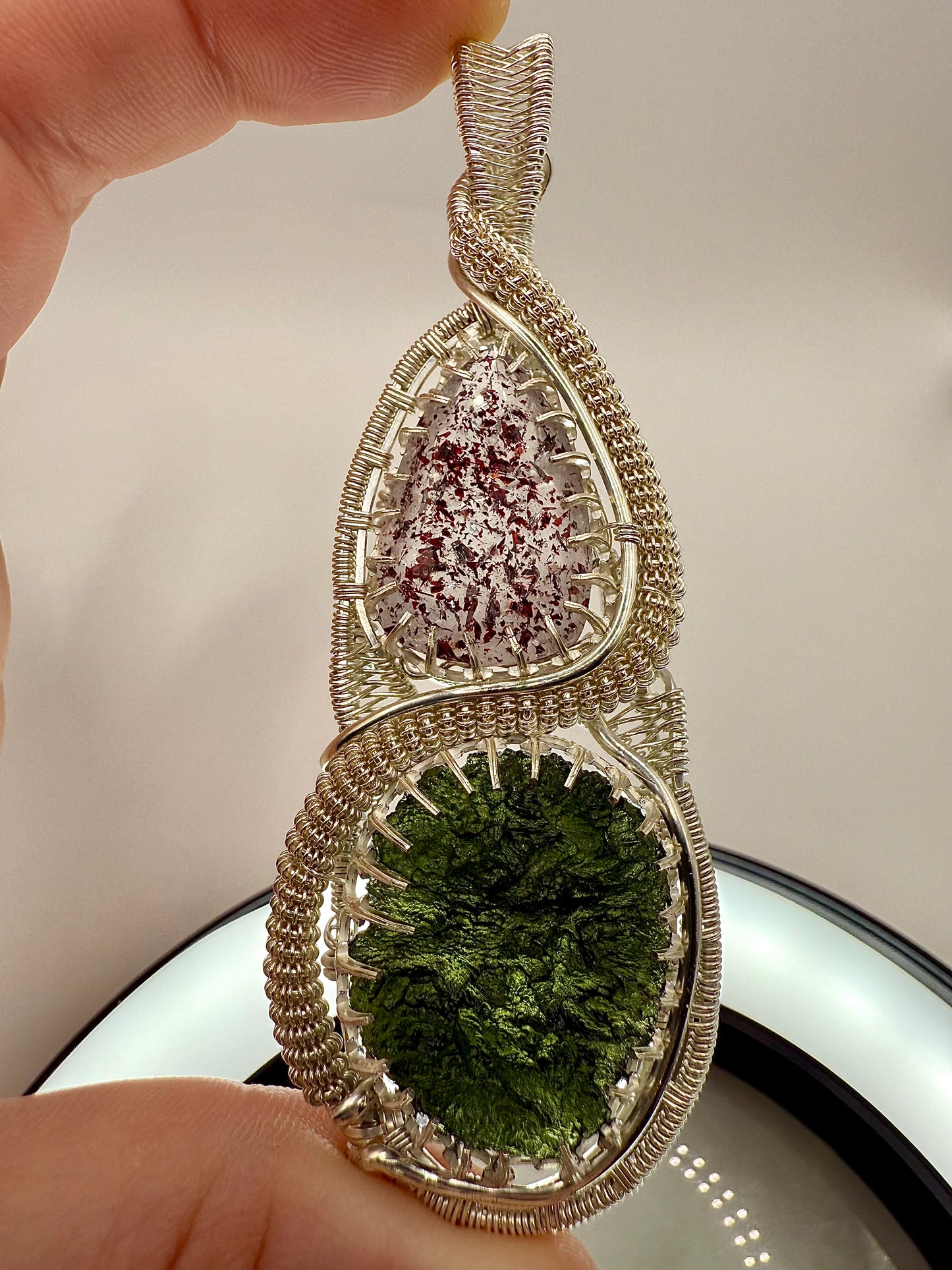 GG33) Large Moldavite & Super 7 Pendant Necklace In Sterling Silver