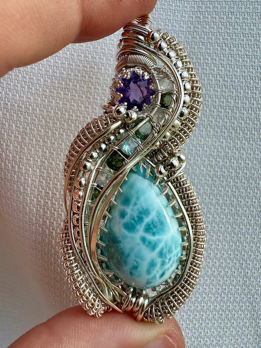 ZZ12) Amethyst & Larimar Multi Stone Pendant Necklace In Sterling Silver