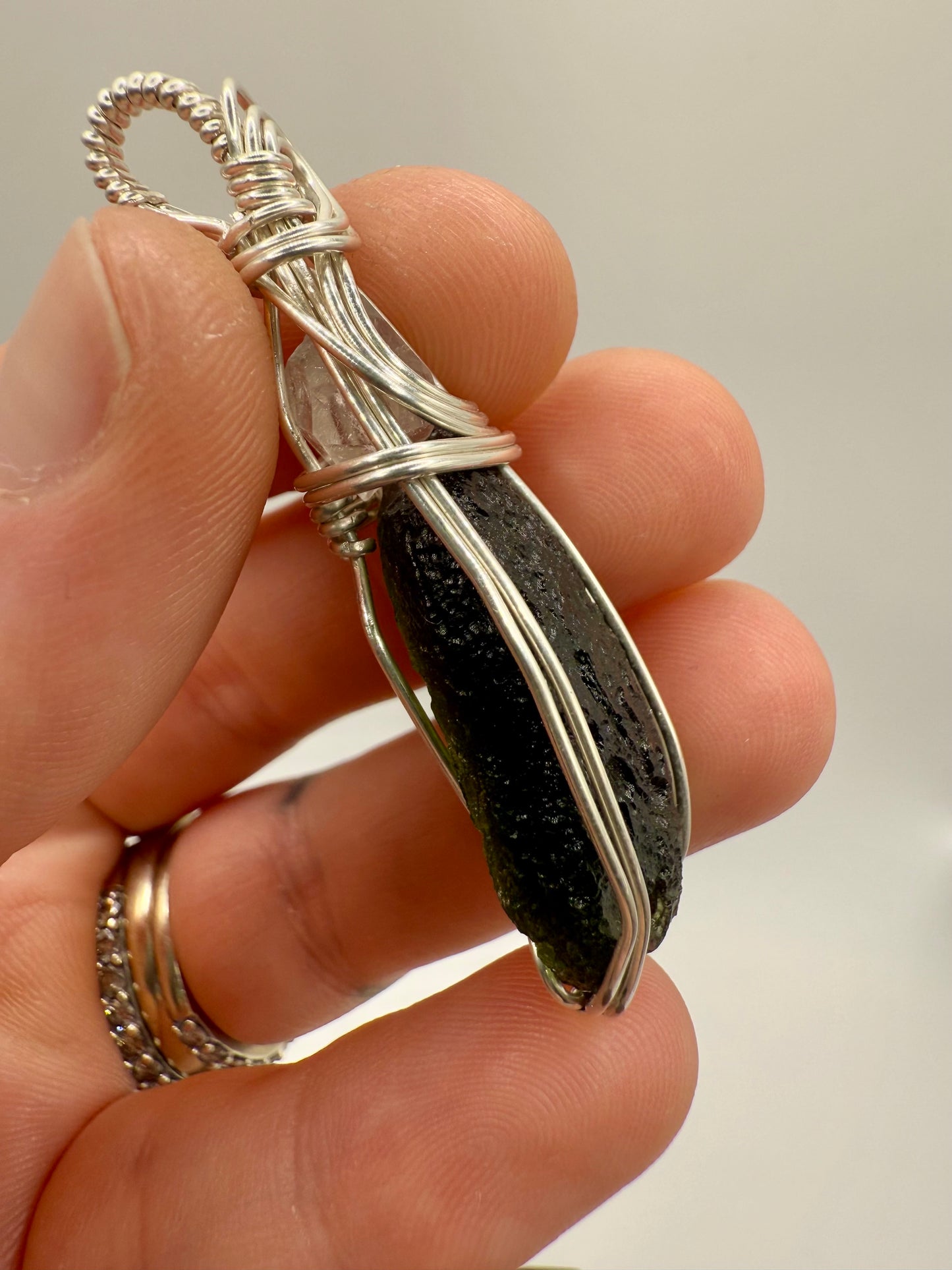 C11) Chlum Moldavite & Herkimer Diamond Pendant Necklace In Sterling Silver