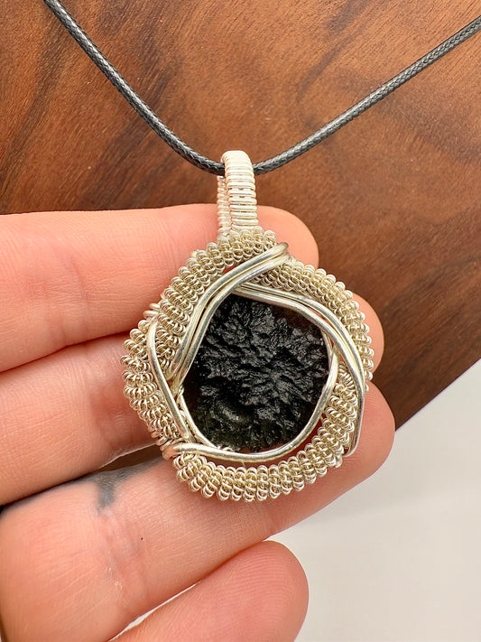 C112) Moldavite Pendant Necklace In Sterling Silver