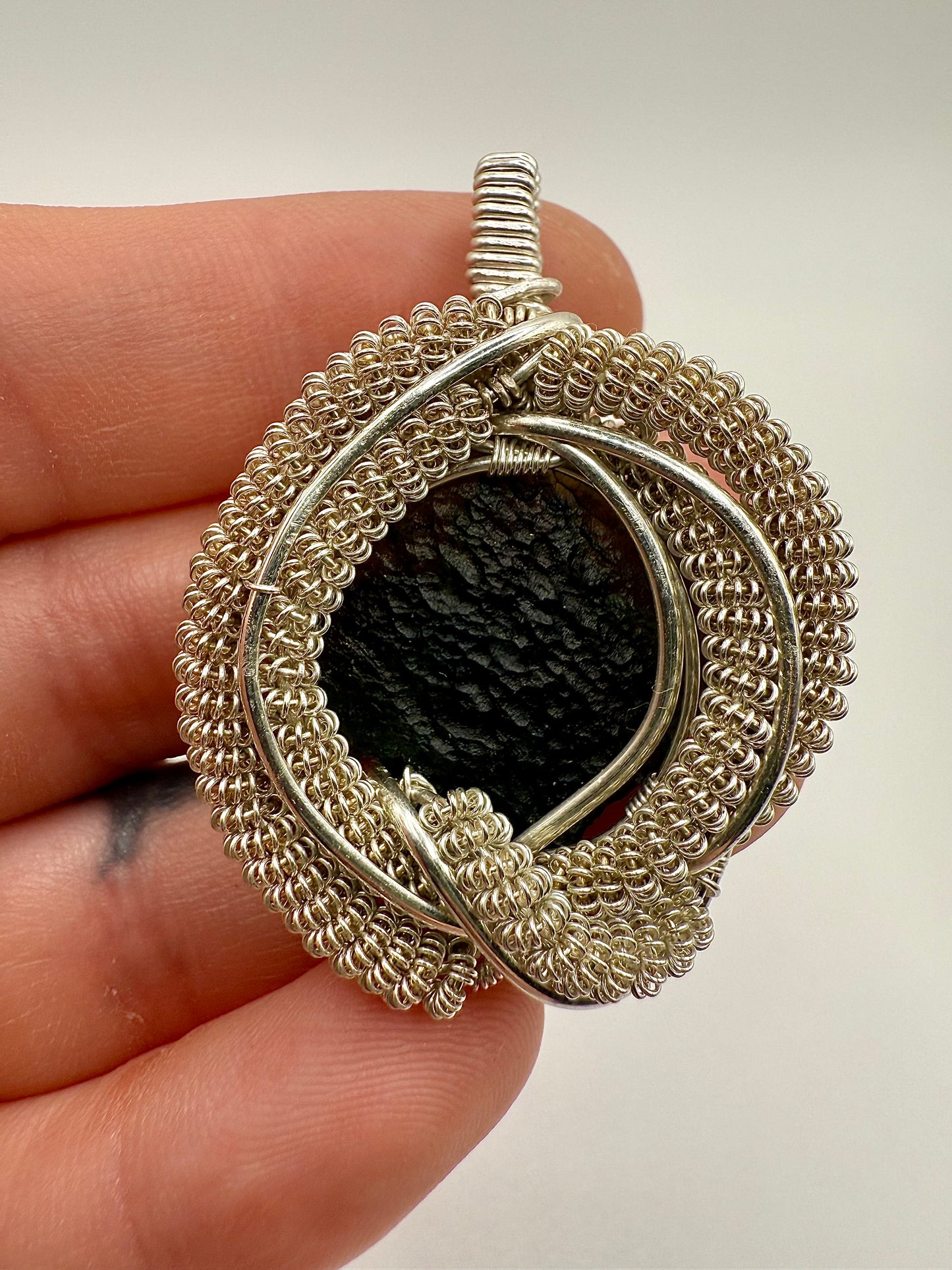 C11) Moldavite Pendant Necklace In Sterling Silver