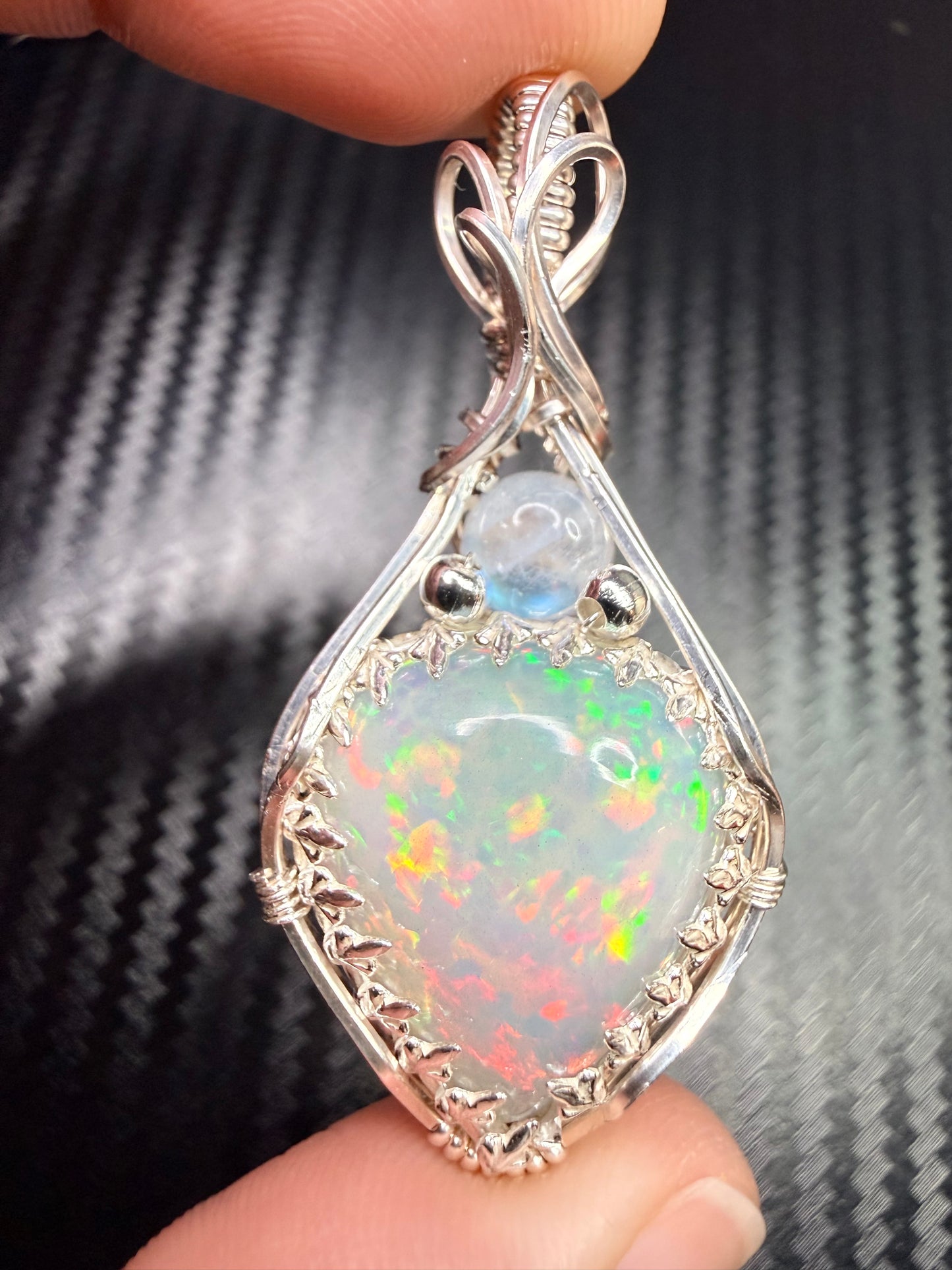 Ethiopian Welo Opal & Moonstone Pendant in 925 Sterling Silver – Opal Moonstone Necklace, Ethereal Gem Jewelry