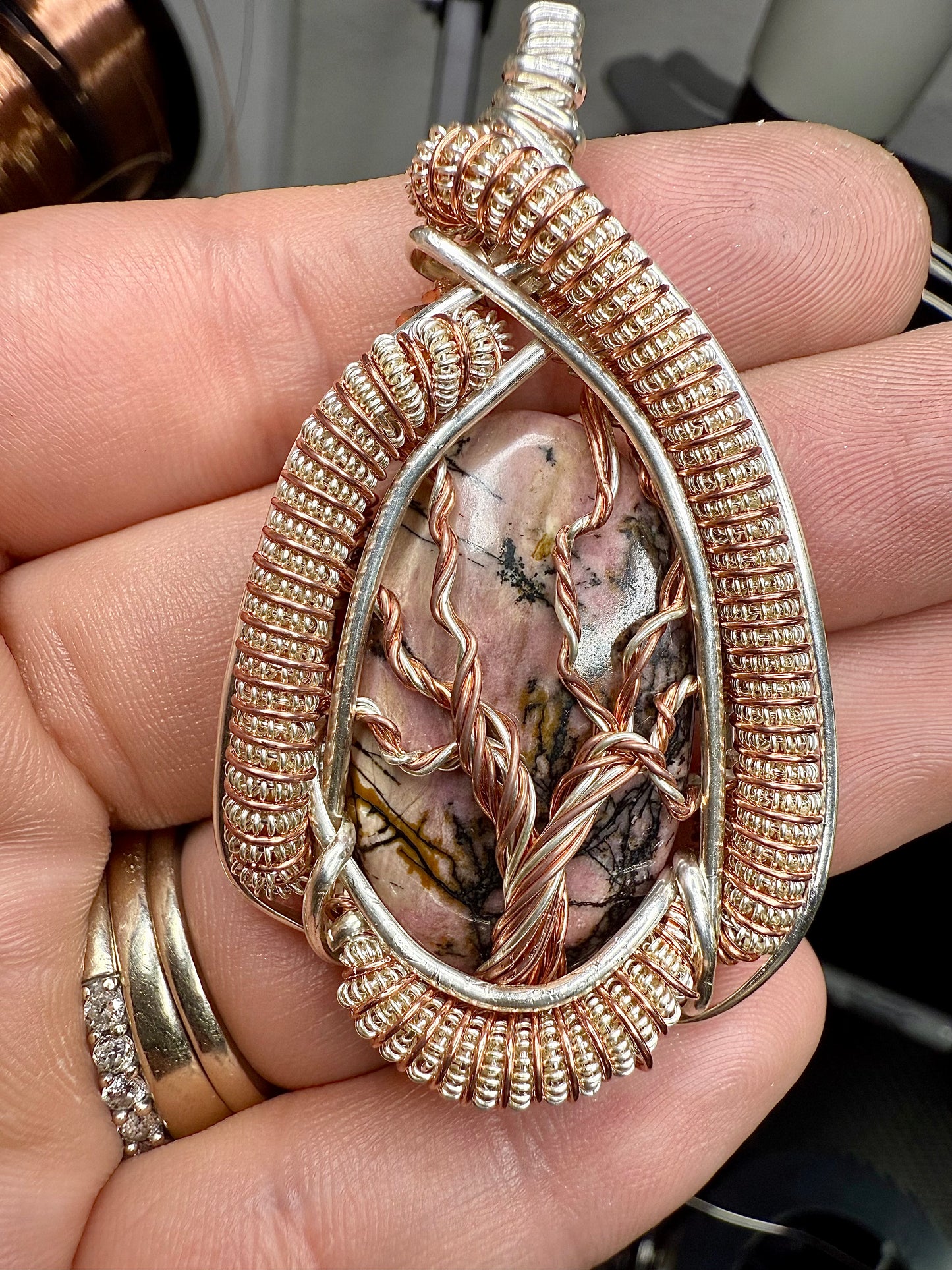 C11) Tree Of Life Pendant With Rhodonite In Sterling Silver & Copper