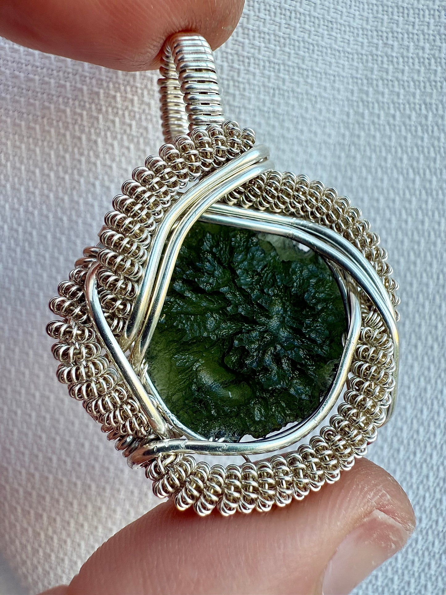 C112) Moldavite Pendant Necklace In Sterling Silver