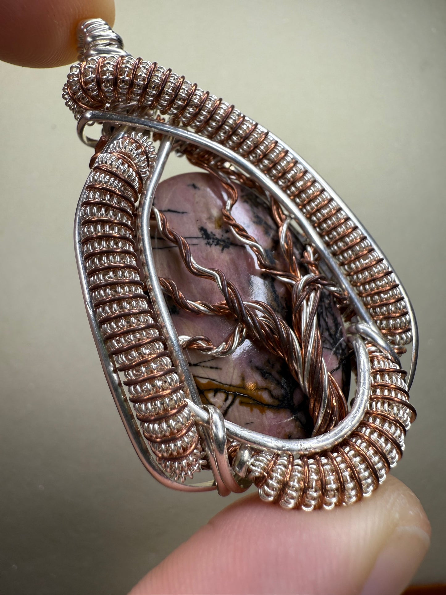 C11) Tree Of Life Pendant With Rhodonite In Sterling Silver & Copper