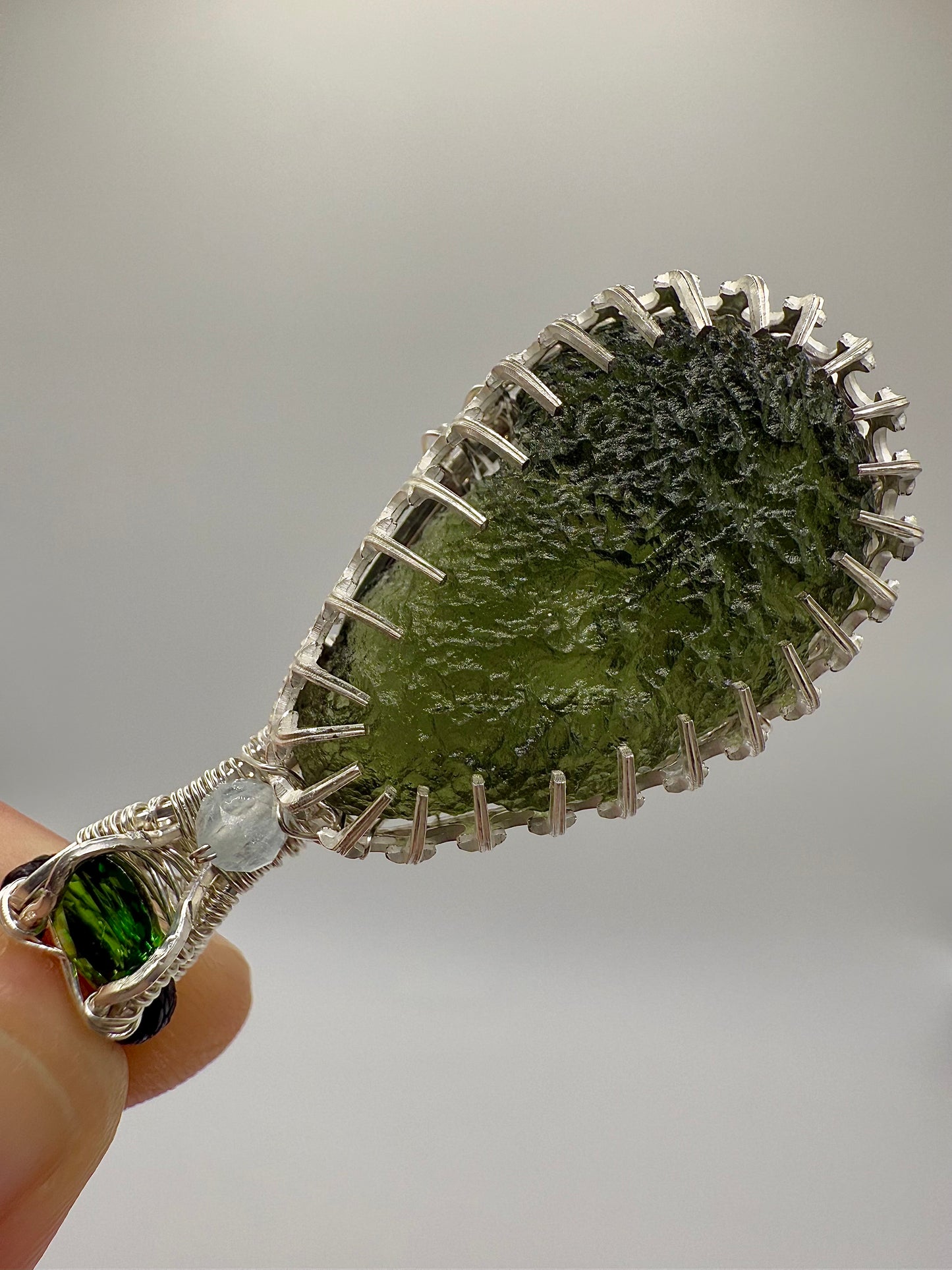 C112) Moldavite, Chrome Diopside, Aquamarine Bead, Pendant Necklace In Sterling Silver