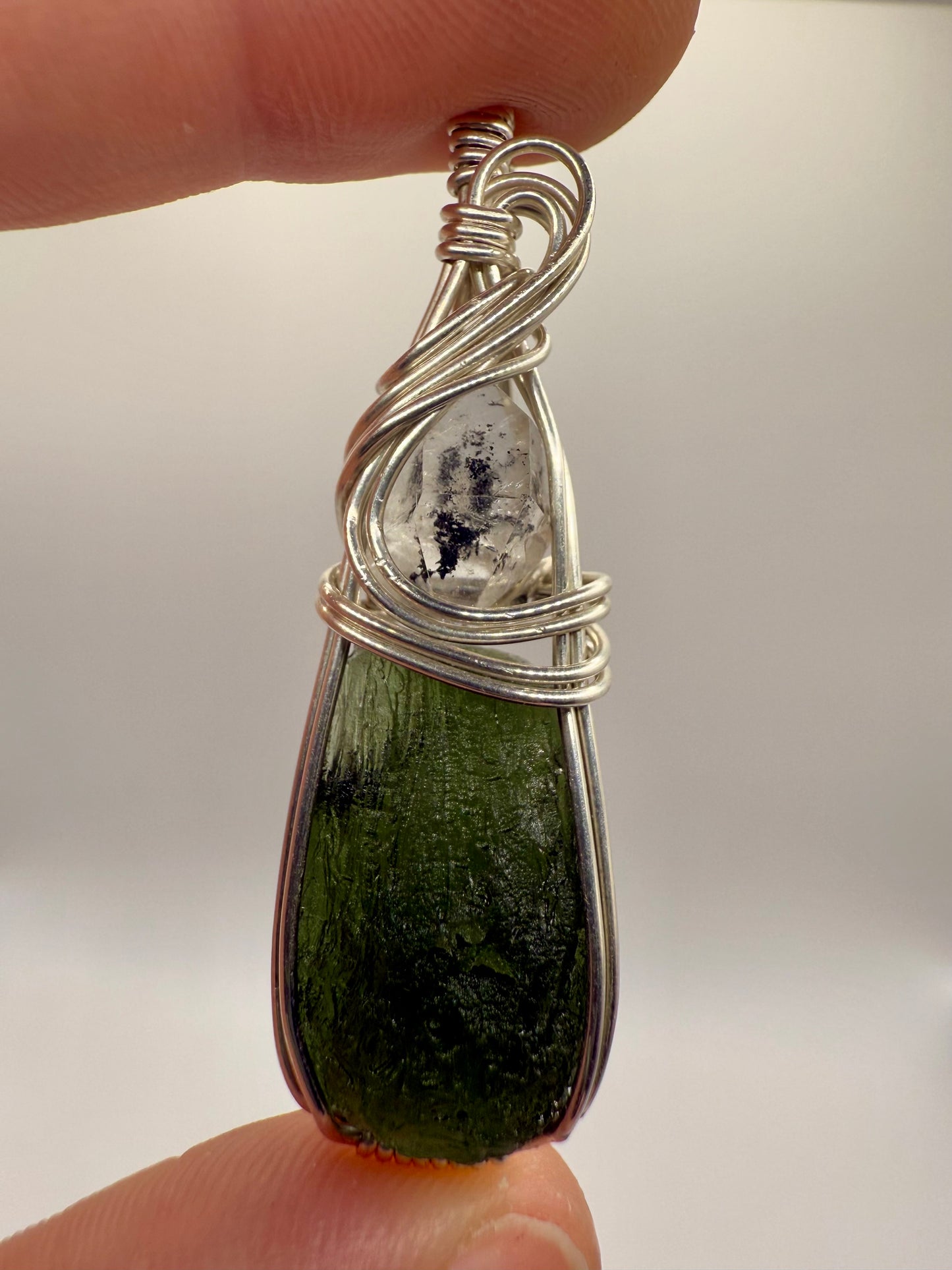 C11) Krasejovka Moldavite & Herkimer Diamond Pendant Necklace In Sterling Silver