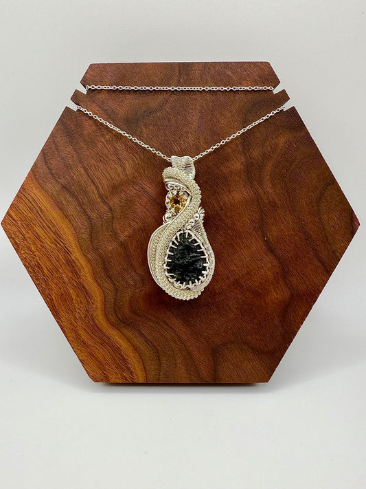 C112) Moldavite & Citrine Pendant Necklace In Sterling Silver