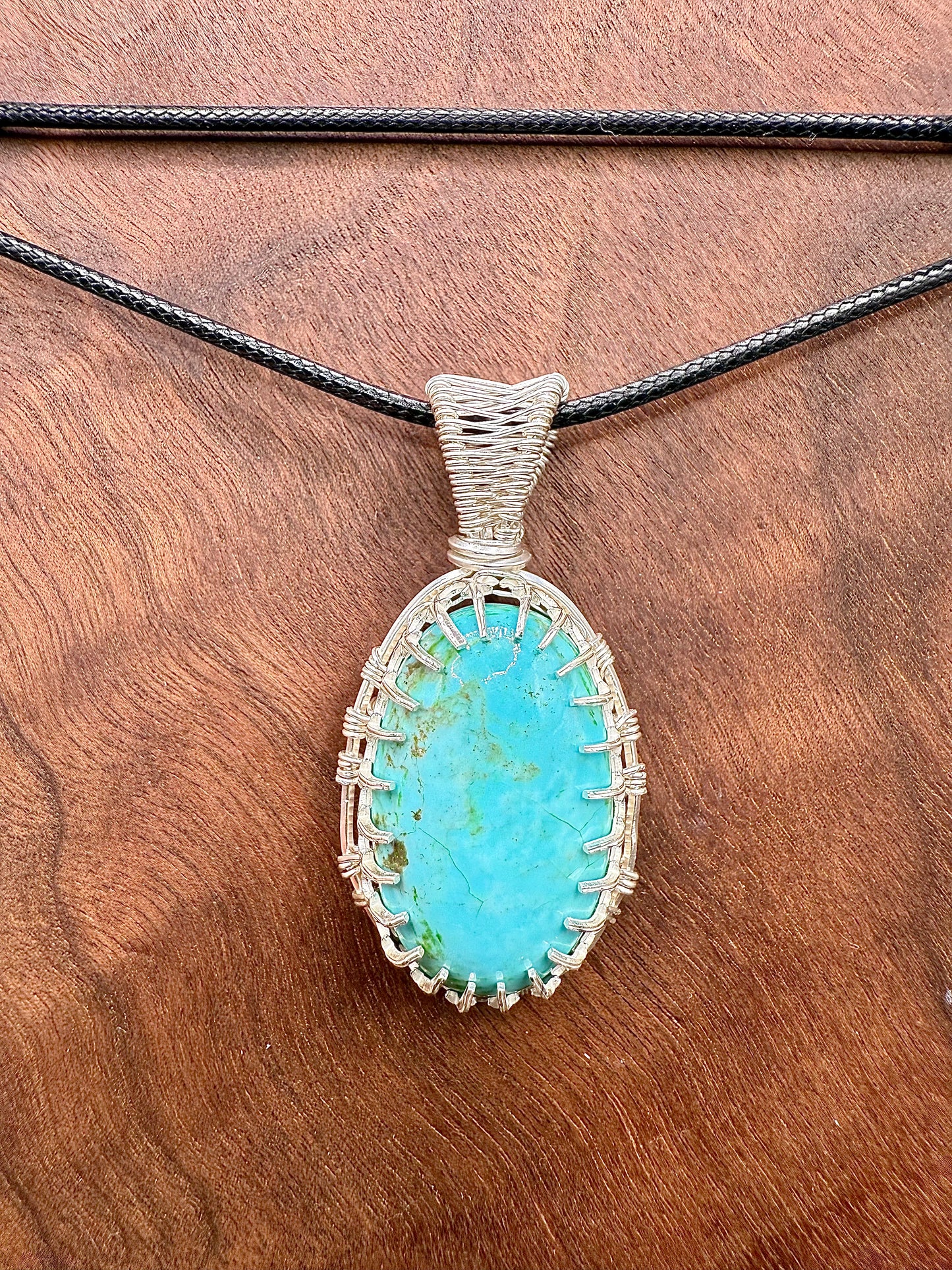 C112) Alacran Turquoise Pendant Necklace, From Mexico Mine In Sterling Silver