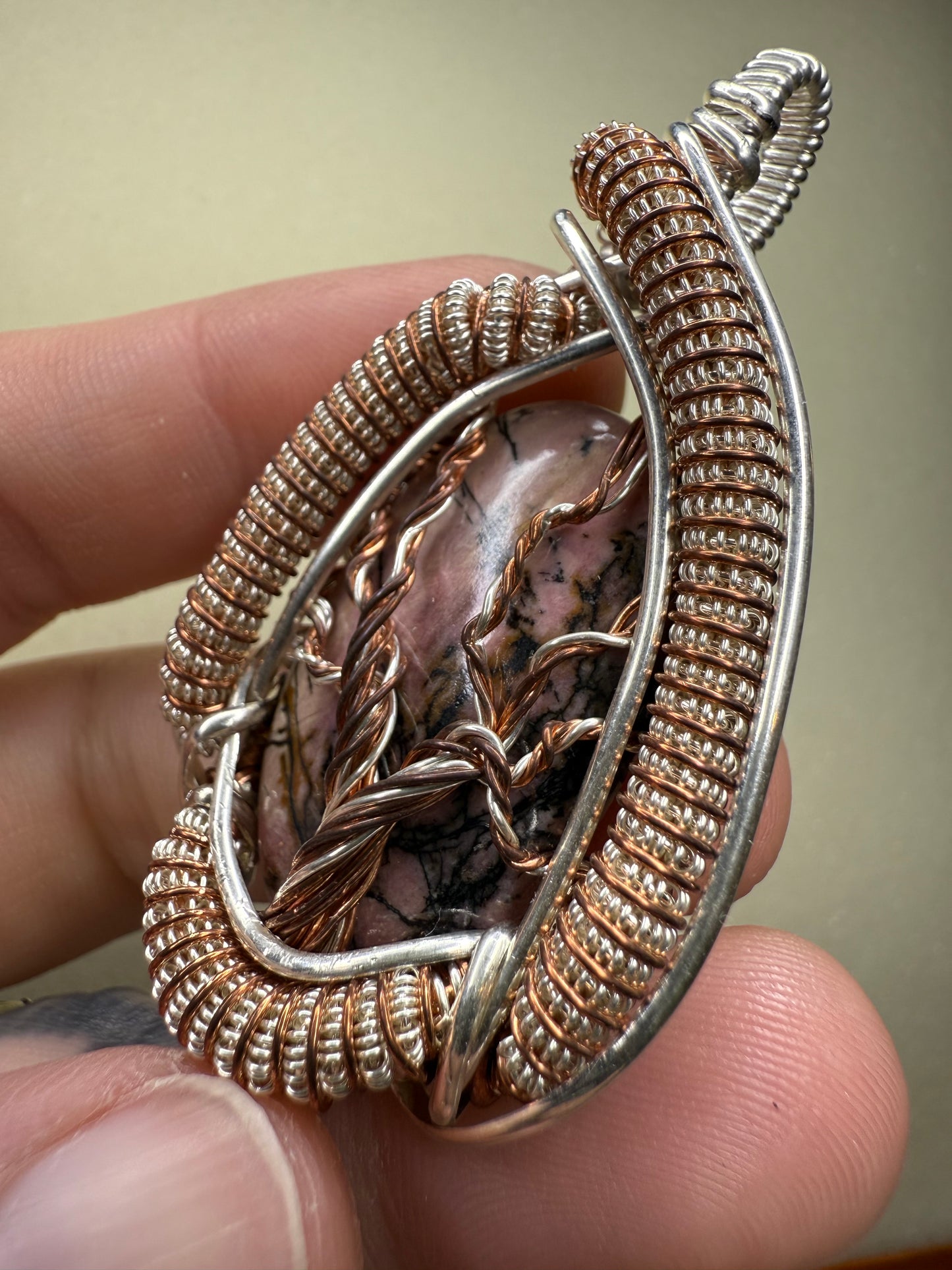 C11) Tree Of Life Pendant With Rhodonite In Sterling Silver & Copper