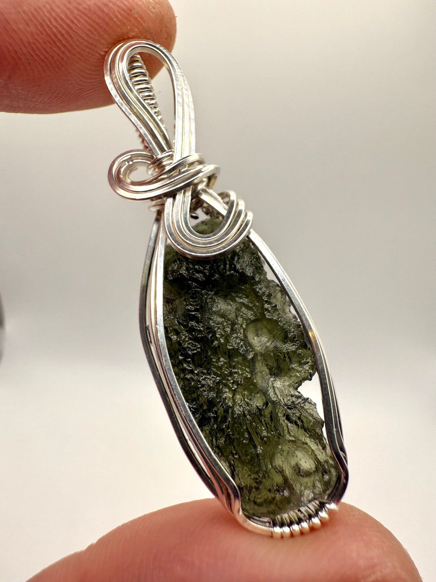 P112) Moldavite Pendant Necklace In Sterling Silver