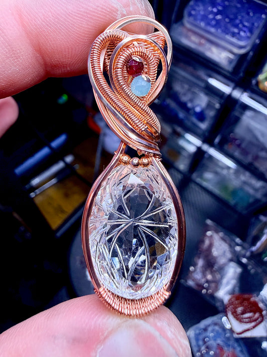 Carved Himalayan Quartz with Red Garnet & Amazonite accents in polished Copper. Himalayan Quartz weight 28.35 carats.