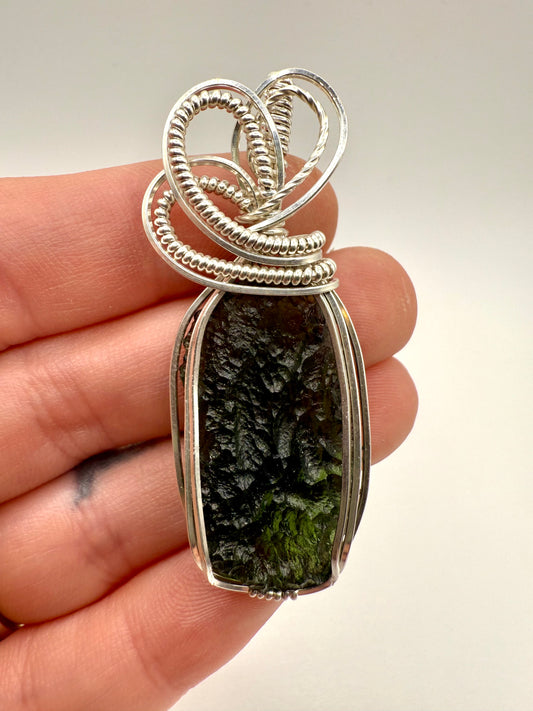 P112) Moldavite Pendant Necklace In Sterling Silver