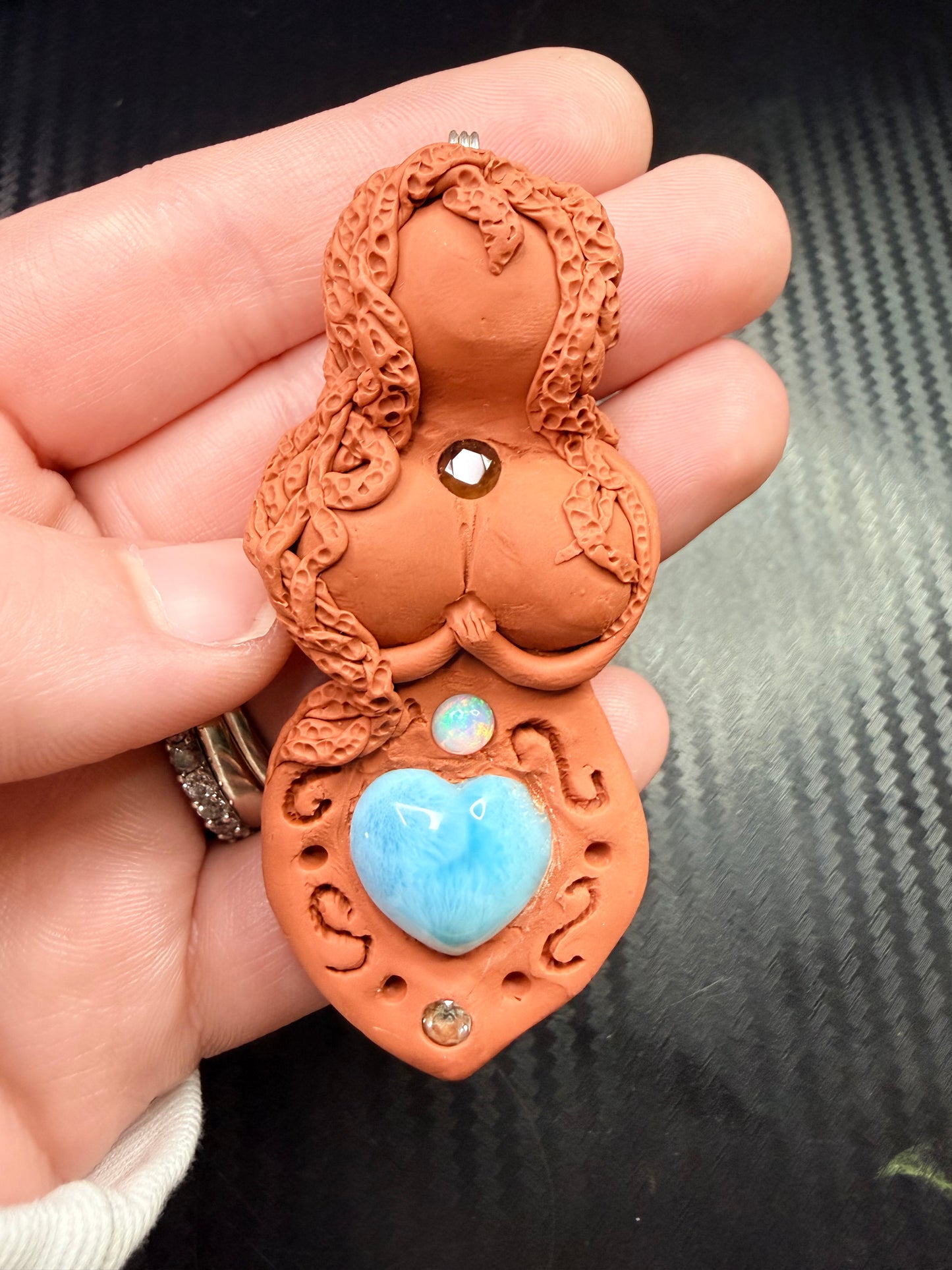 Goddess Talisman Necklace | Larimar, Opal, Moldavite & Blue Apatite | Divine Feminine Amulet | Handmade Clay Spiritual Jewelry | Chakra Healing Pendant
