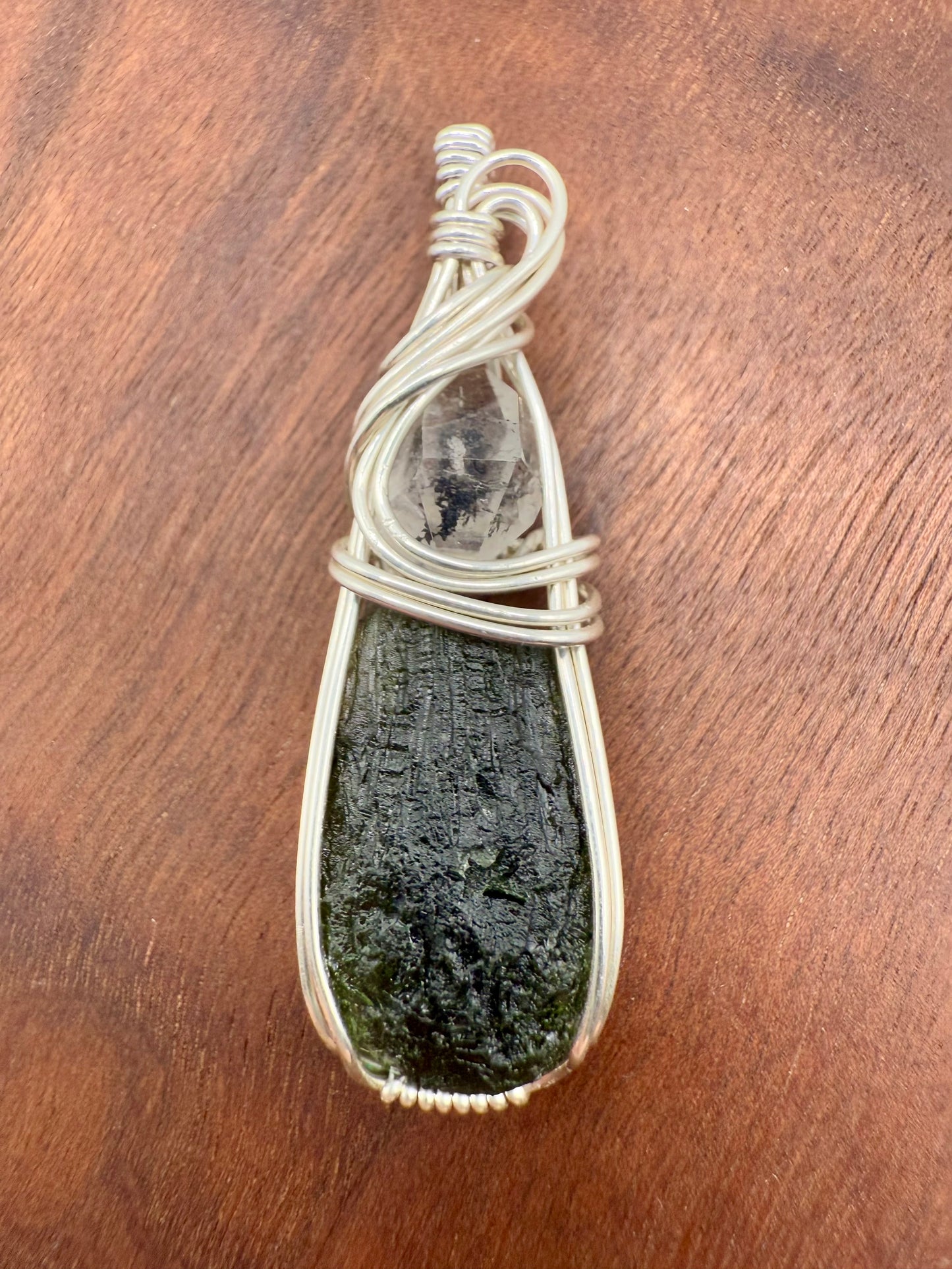 C11) Krasejovka Moldavite & Herkimer Diamond Pendant Necklace In Sterling Silver